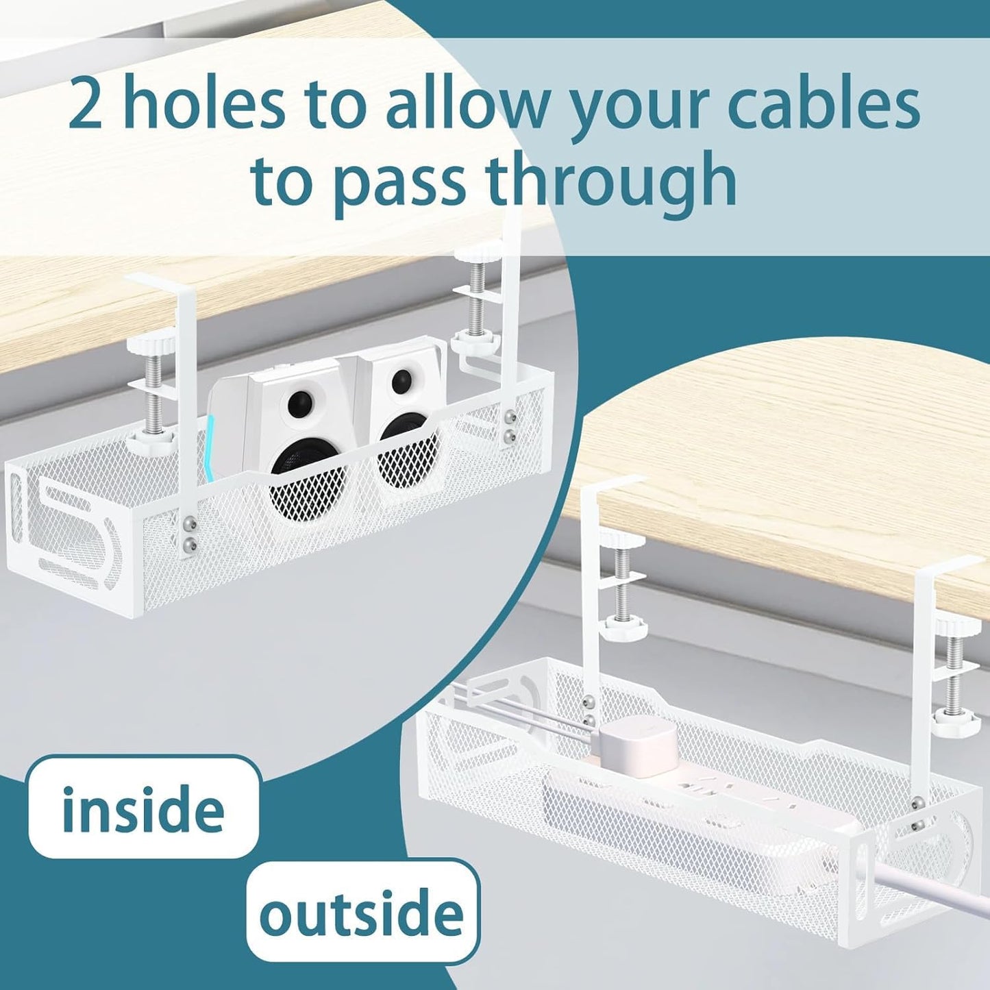 Under Desk Cable Management Tray, No Drill Mesh Cable Tray Cord Organizer | Wire Management Tray Cable Management Rack, Cable Management Box (White)