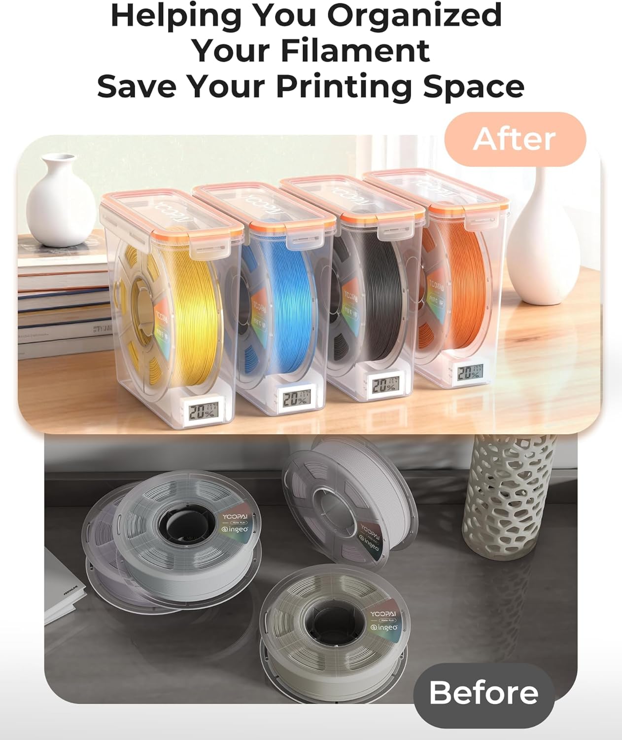 YOOPAI Pro Filament Storage Box with Temperature & Humidity Monitor, Airtight Filament Storage Container with Desiccant for 1KG 1.75mm PLA ABS PETG TPU, Single Spool 3D Printer Filament Storage Box(6)