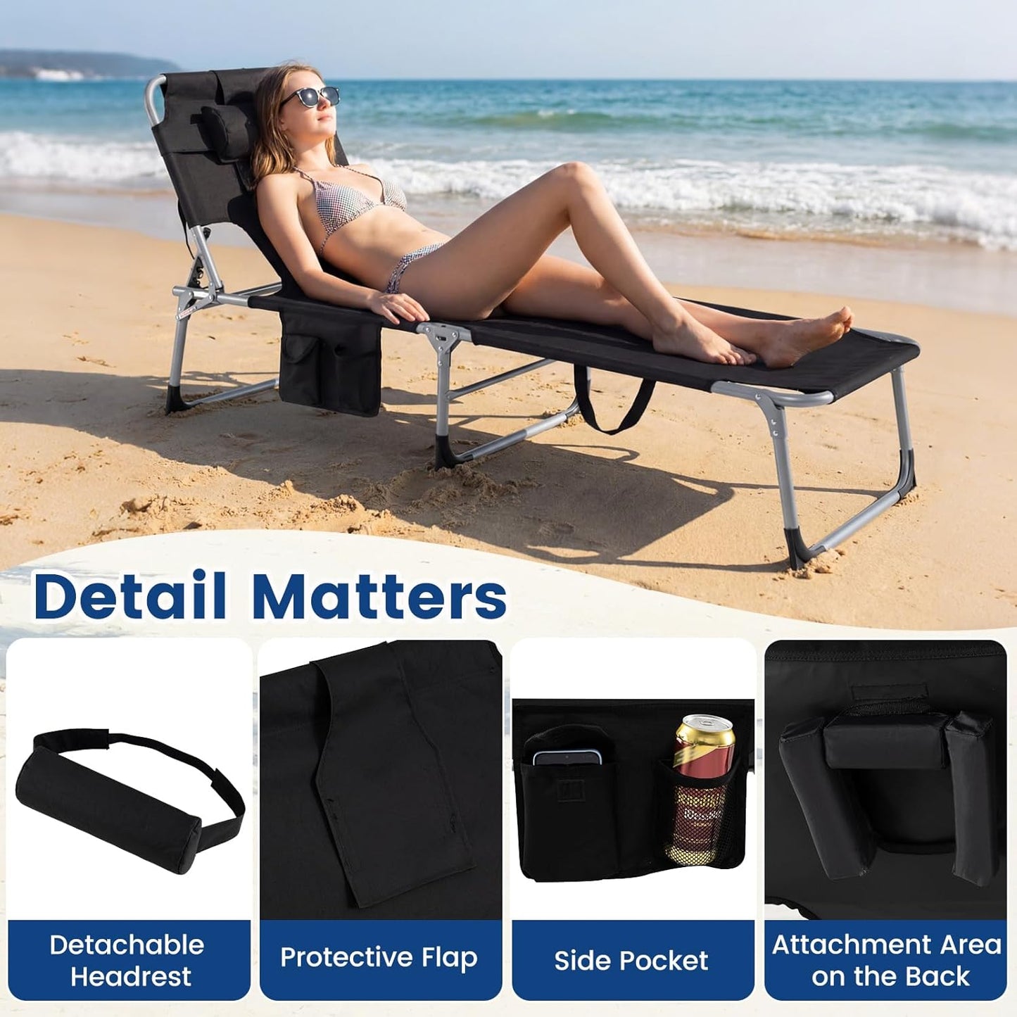 COSTWAY Tanning Chair with Face Hole, Folding Beach Lounge Chair with 4-Position Adjustable Backrest, Pillow & Side Pocket, Foldable Chaise Lounge Chair Outdoor for Sunbathing, Camping (1, Black)