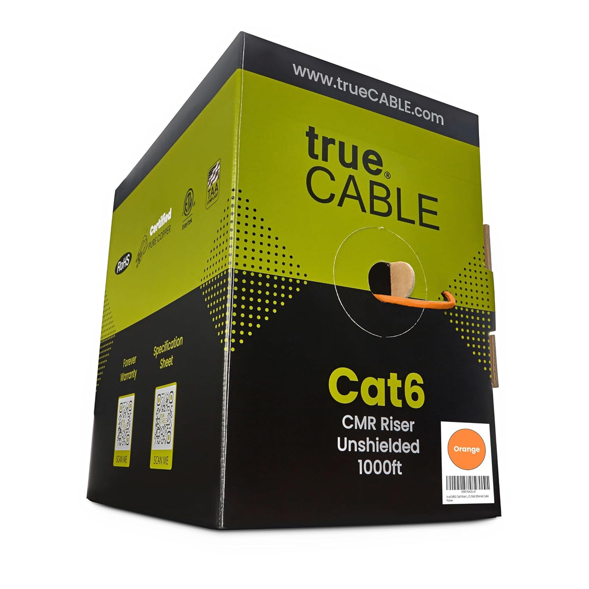 trueCABLE Cat6 Riser (CMR), 1000ft, Orange, 23AWG 4 Pair Solid Bare Copper, 550MHz, PoE++ (4PPoE), ETL Listed, Unshielded Twisted Pair (UTP), Bulk Ethernet Cable