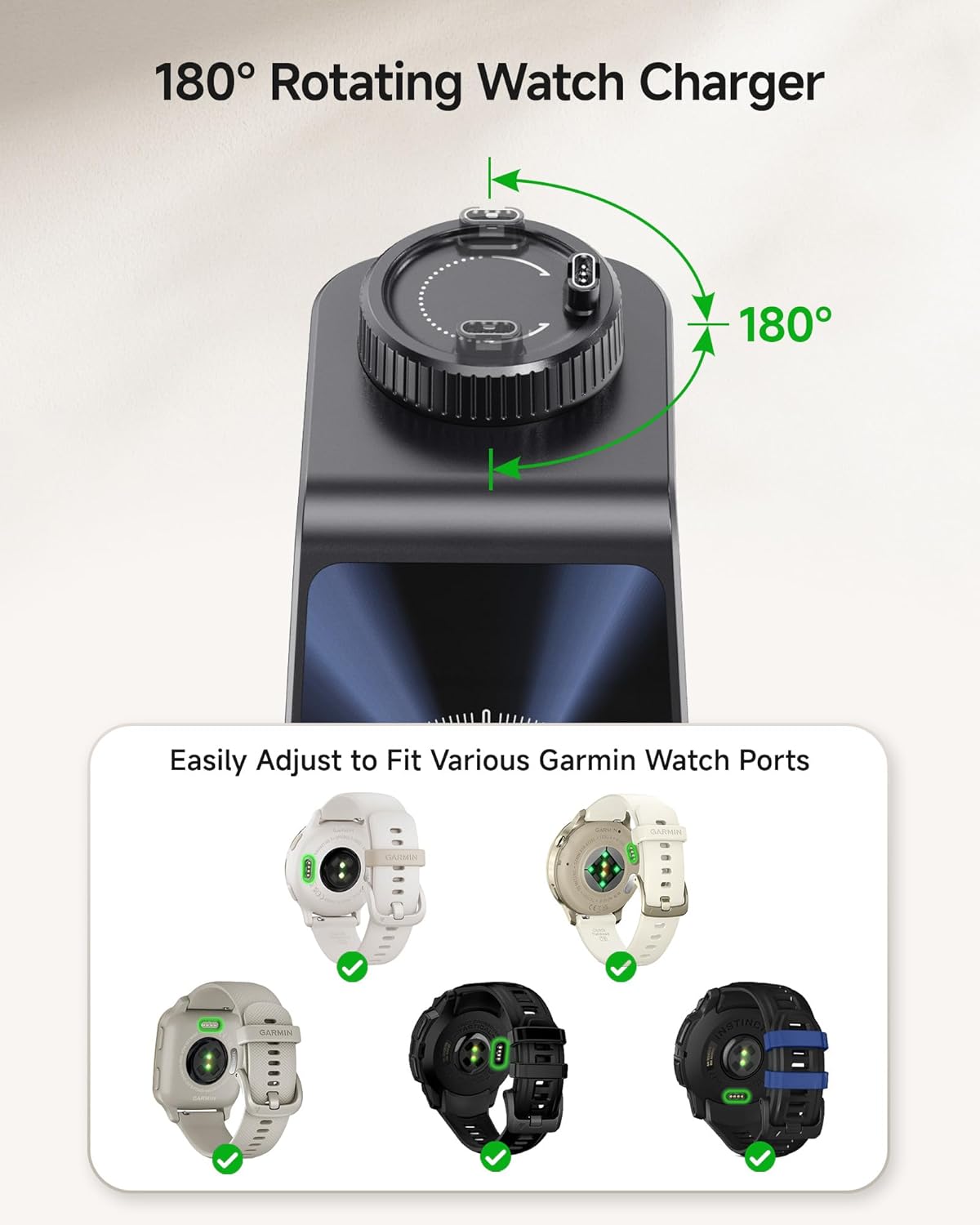 Charger for Garmin Watch and iPhone, 3 in 1 Wireless Charging Station for Fenix, Venu, Forerunner, vivoactive, Instinct, Charger Stand for Samsung Phone, for AirPods, for Galaxy Buds3 (No Adapter)