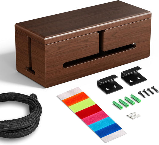 Large Cable Management Box-Stylish Wire Organizer, Wire Concealer and Wire Management Box-Wire Management Box with Protective Sleeve (Brown)