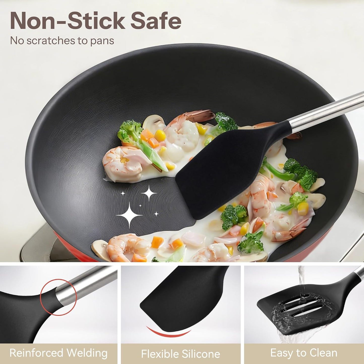 NCUE Silicone Cooking Utensils Set, 28 Pcs Kitchen Utensils Set 446°F Heat Resistant Spatula Set, Food Grade Silicone and Stainless Steel Handle Kitchen Gadgets for Nonstick Cookware BPA Free