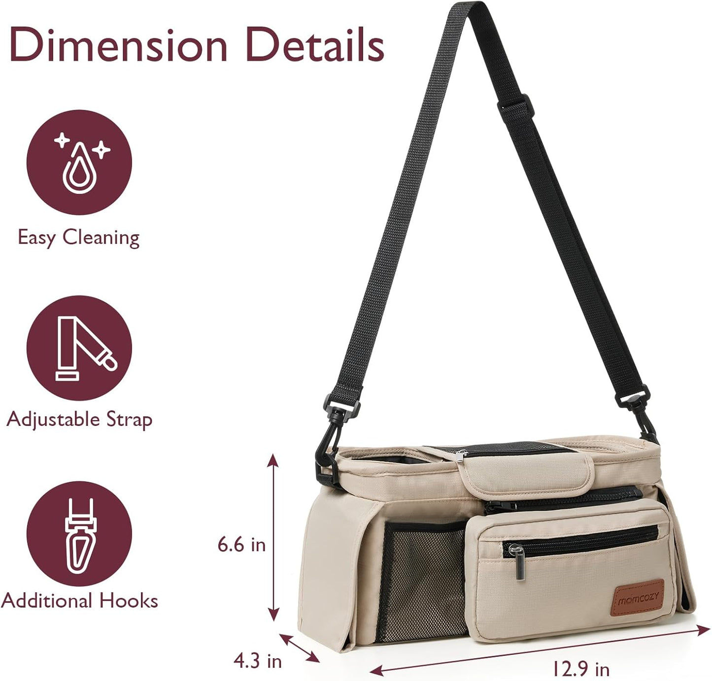 Momcozy Universal Baby Stroller Organizer, 2 Insulated Cup Holder, Detachable Zippered Pocket, Adjustable Shoulder Strap, Large capacity for baby essentials, Compact Design Fits Any Strollers