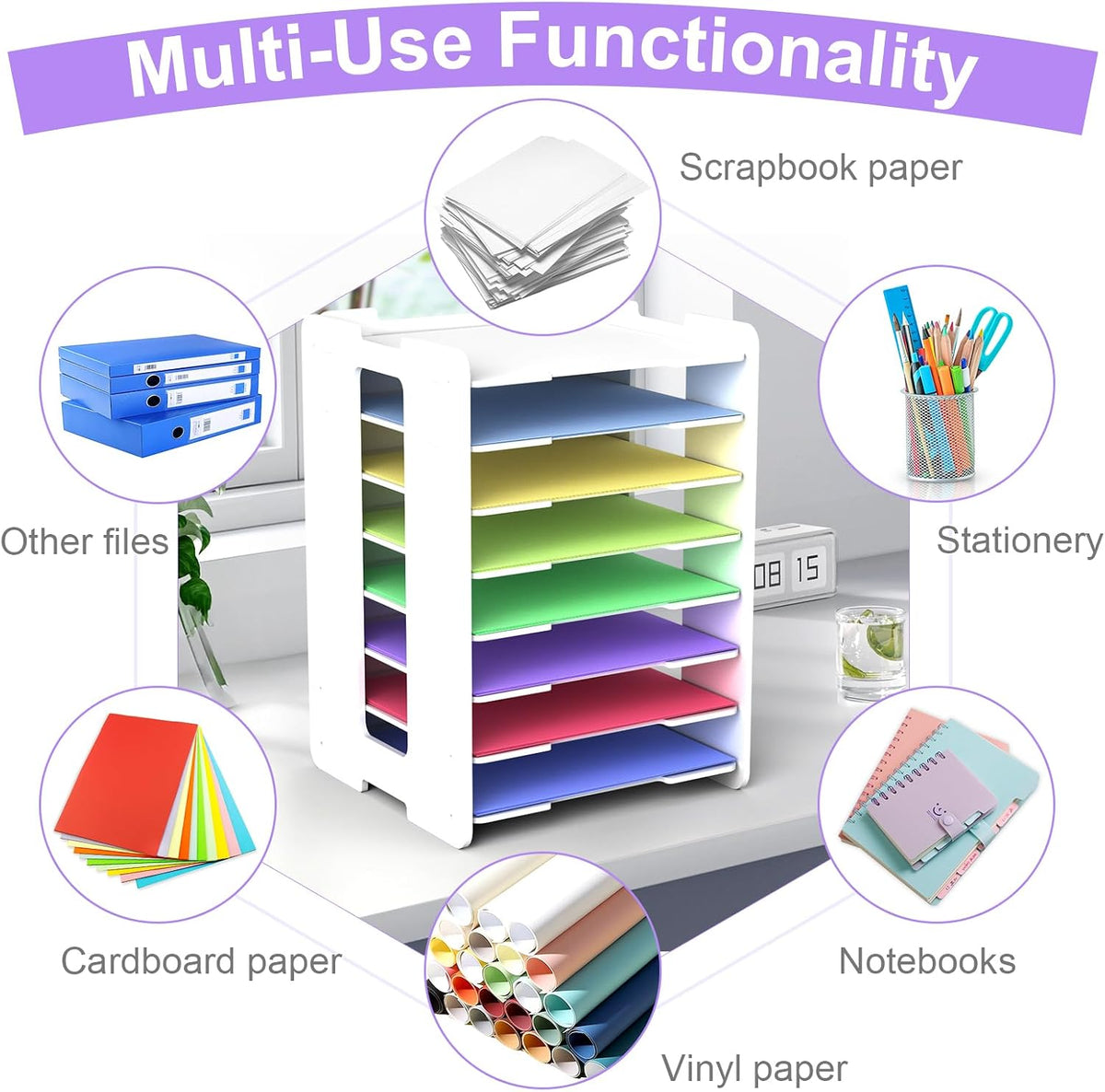 12x12 Paper Organizer Storage, 8 Tier Scrapbook Paper Storage Organizer, Stackable Organizers and Storage for Desk White