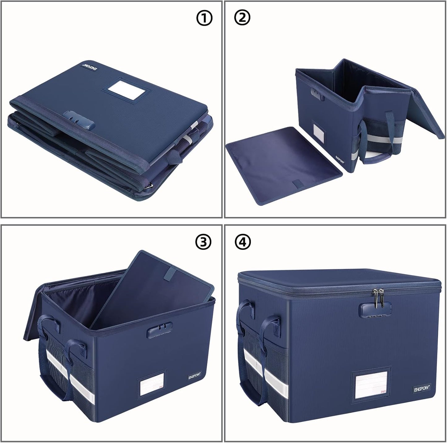 ENGPOW File Box with Lock, Fireproof Document Box with Zipper＆Pockets, Collapsible File Organizer Filing Storage Cabinet with Handle, Portable Home Office Safe for Hanging Letter/Legal Folder, Blue
