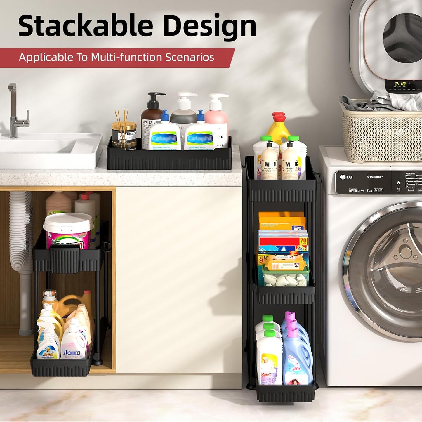 Sevenblue 4 Pack Under Sink Organizer, Bathroom Organizers and Storage, 2 Tier Multi-Use Pull Out Cabinet Organizer with Hang Hooks and Cups (Black, 4 Pack)