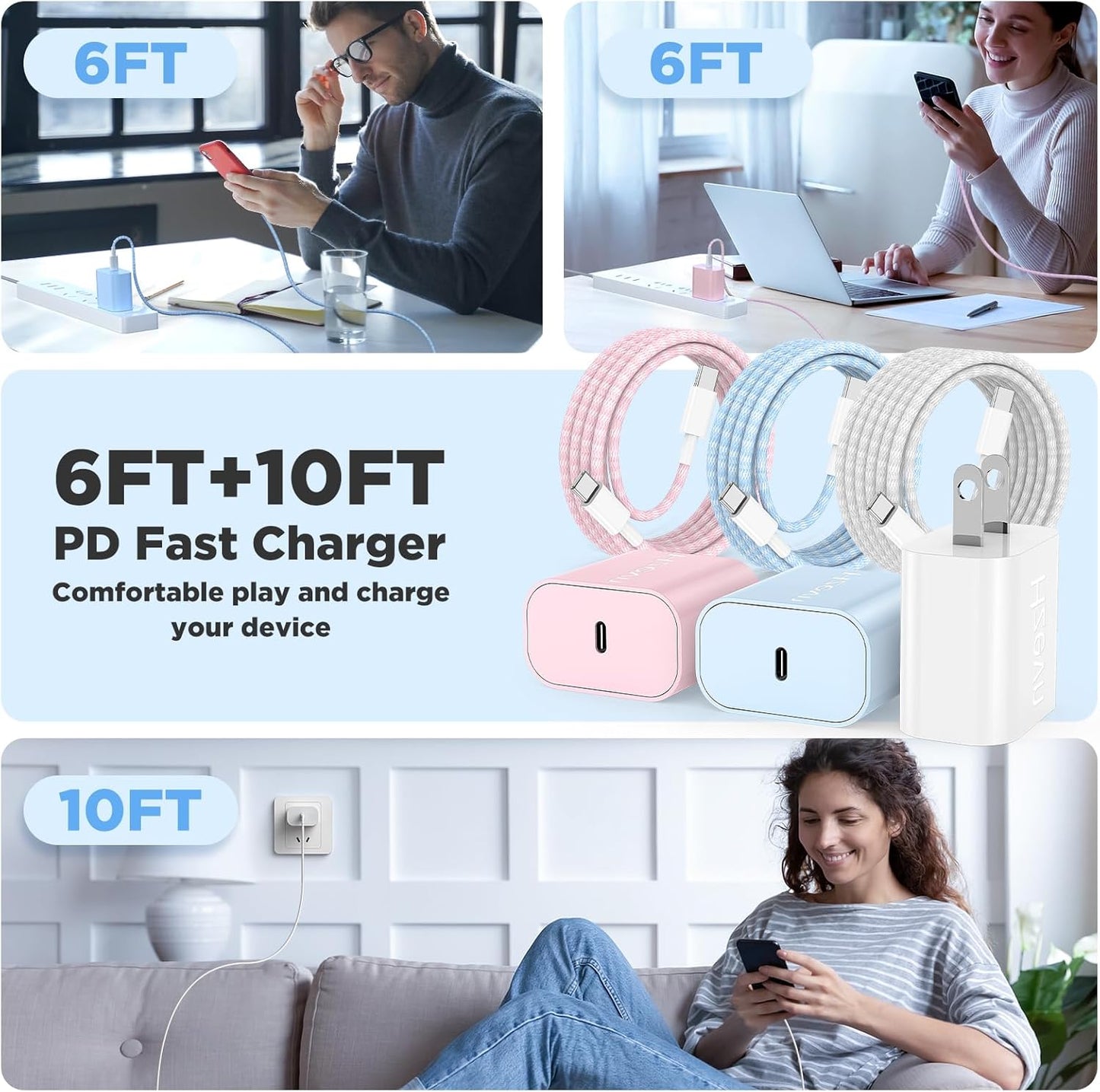 20W USB C Fast Charging for iPhone 17 Air/16/15 Pro Max,3Pack Colorful Mixed Charger Block with Braided Long USB C to C Cables (6/6/10ft) Compatible with iPhone16/15 Pro/15 Plus/iPad Pro