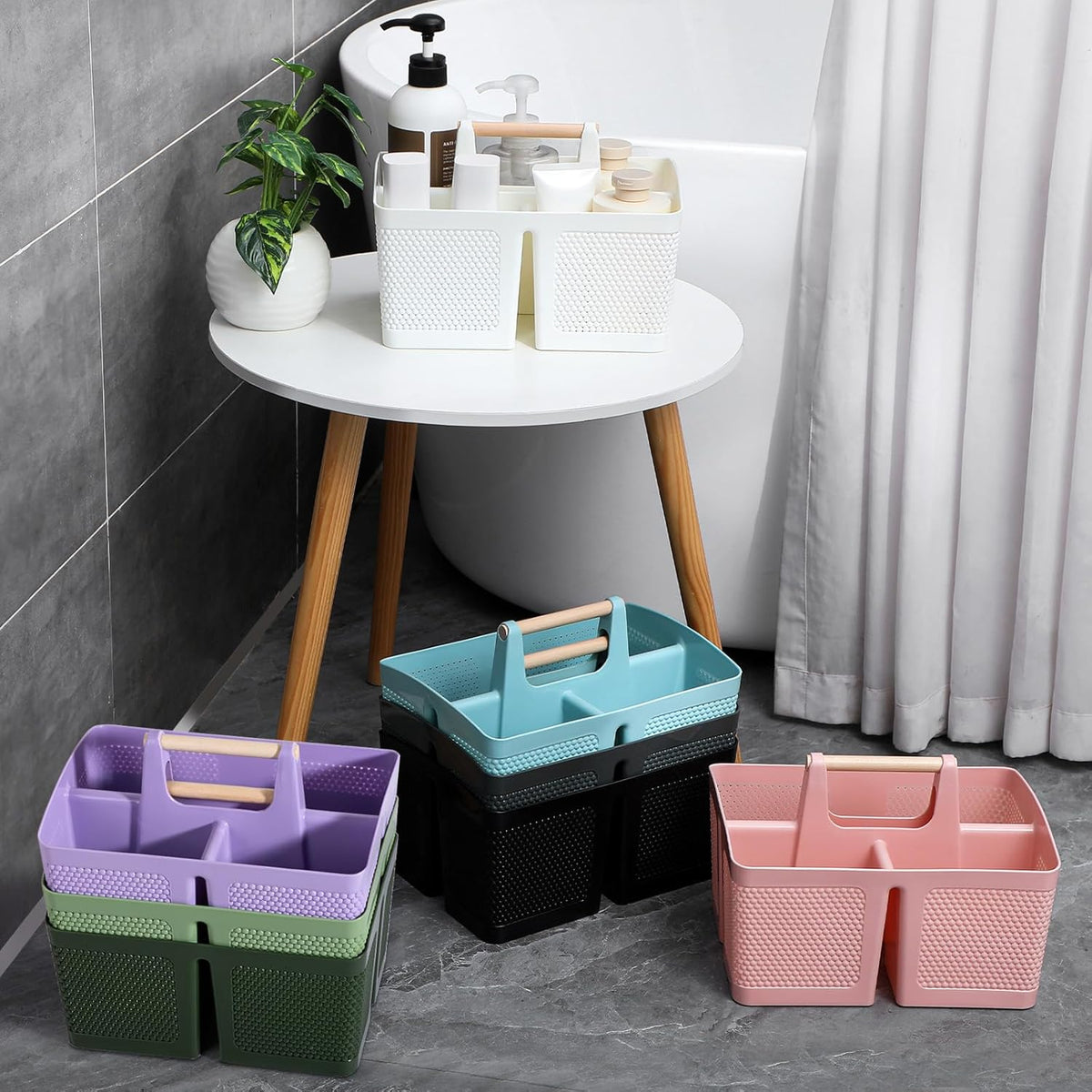 rejomiik Portable Shower Caddy Basket Plastic Cleaning Caddy Organizer Storage Tote with Handle for Bathroom, College, Dorm Room Essentials, Dark Green