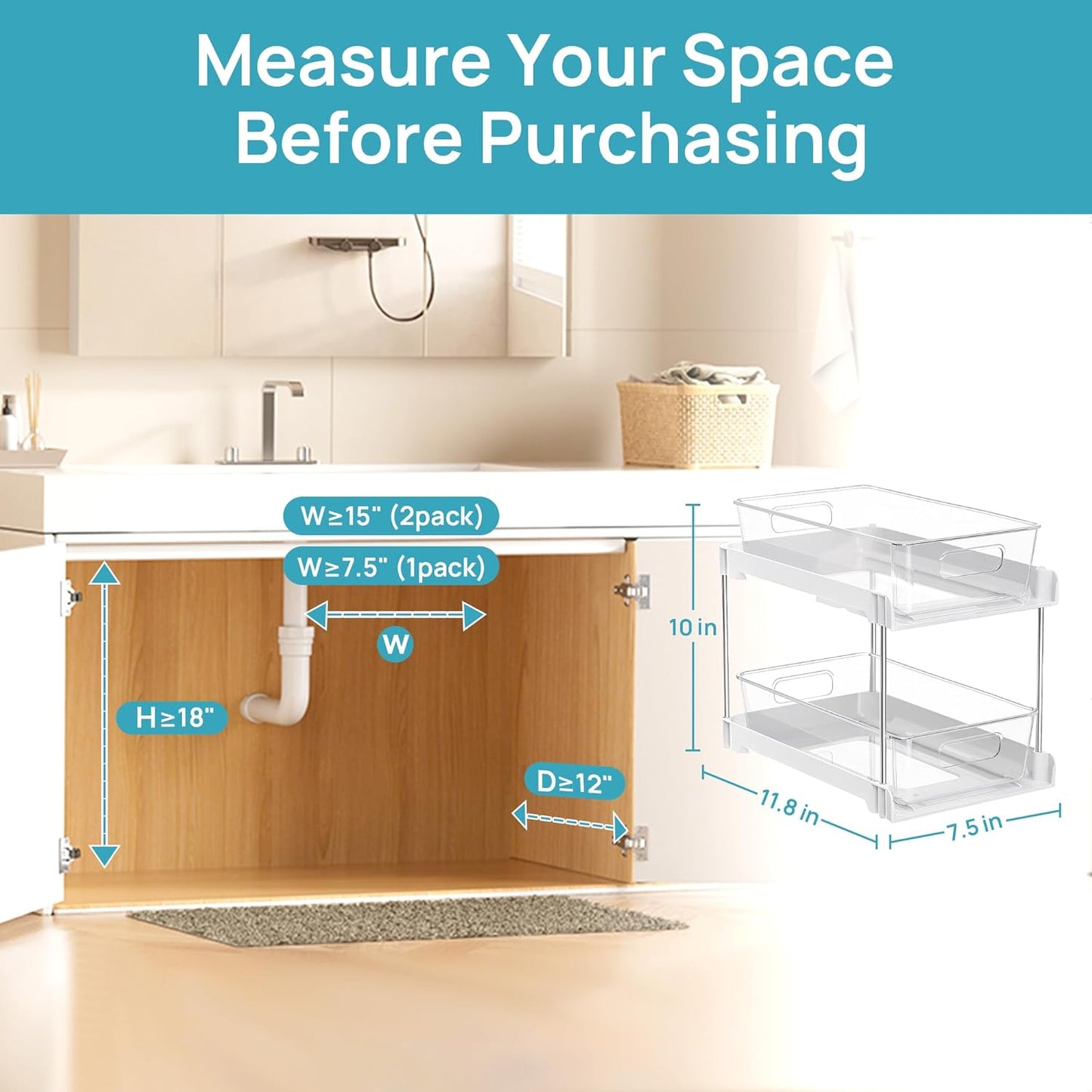 Vtopmart 4 Pack Bathroom Organizer, 2 Tier White Under Sink Organizers Vanity Countertop Storage Container,Cabinet Drawers Bins, Pull-Out Organization with Track for Pantry, Kitchen