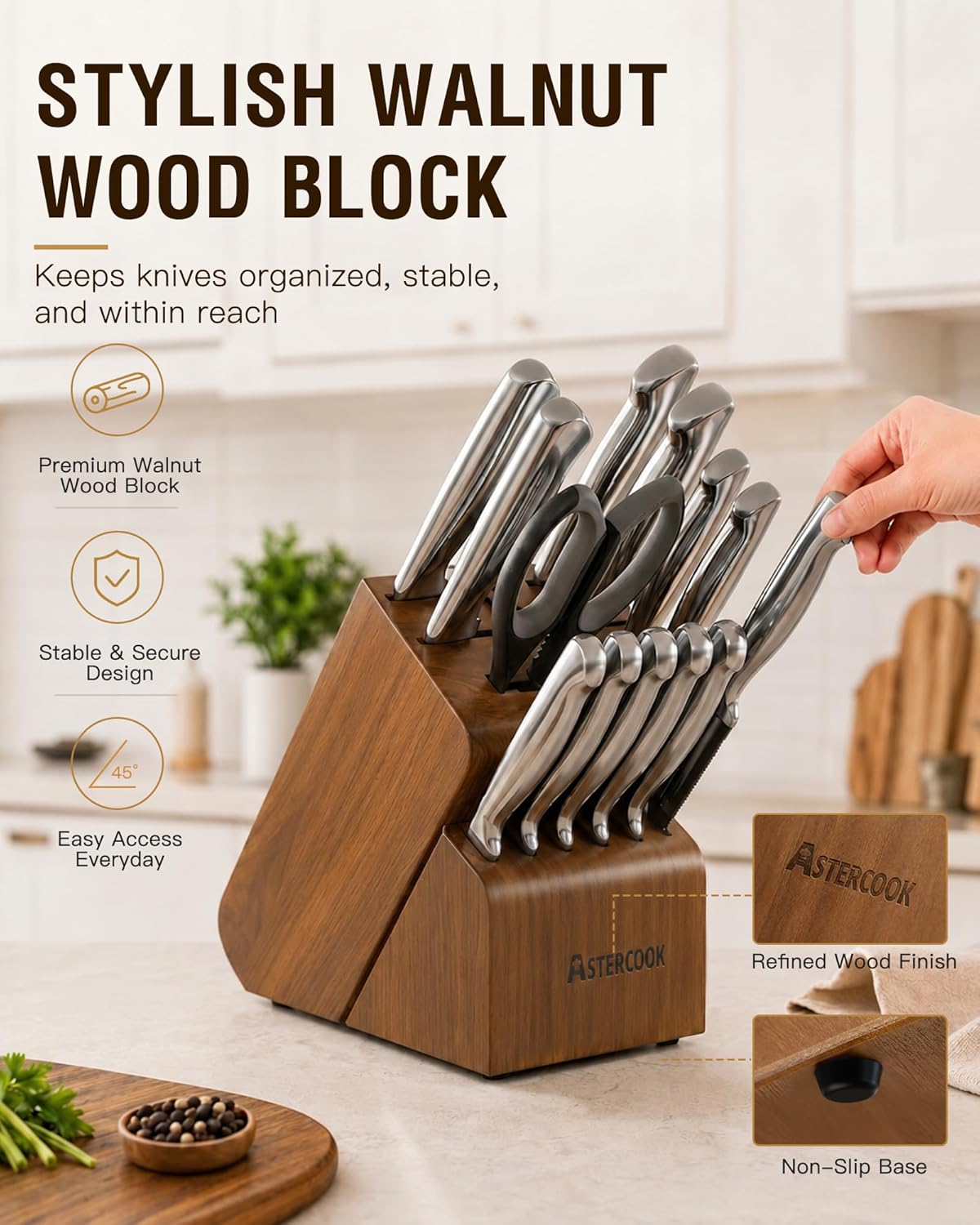 Astercook Knife Set, 15 Piece German Steel Kitchen Knife Set with Built-in Sharpener, One-Piece Knife Block Set Rust-Resistant Dishwasher Safe Block Knives Set for Cooking & Gift (Walnut Brown)