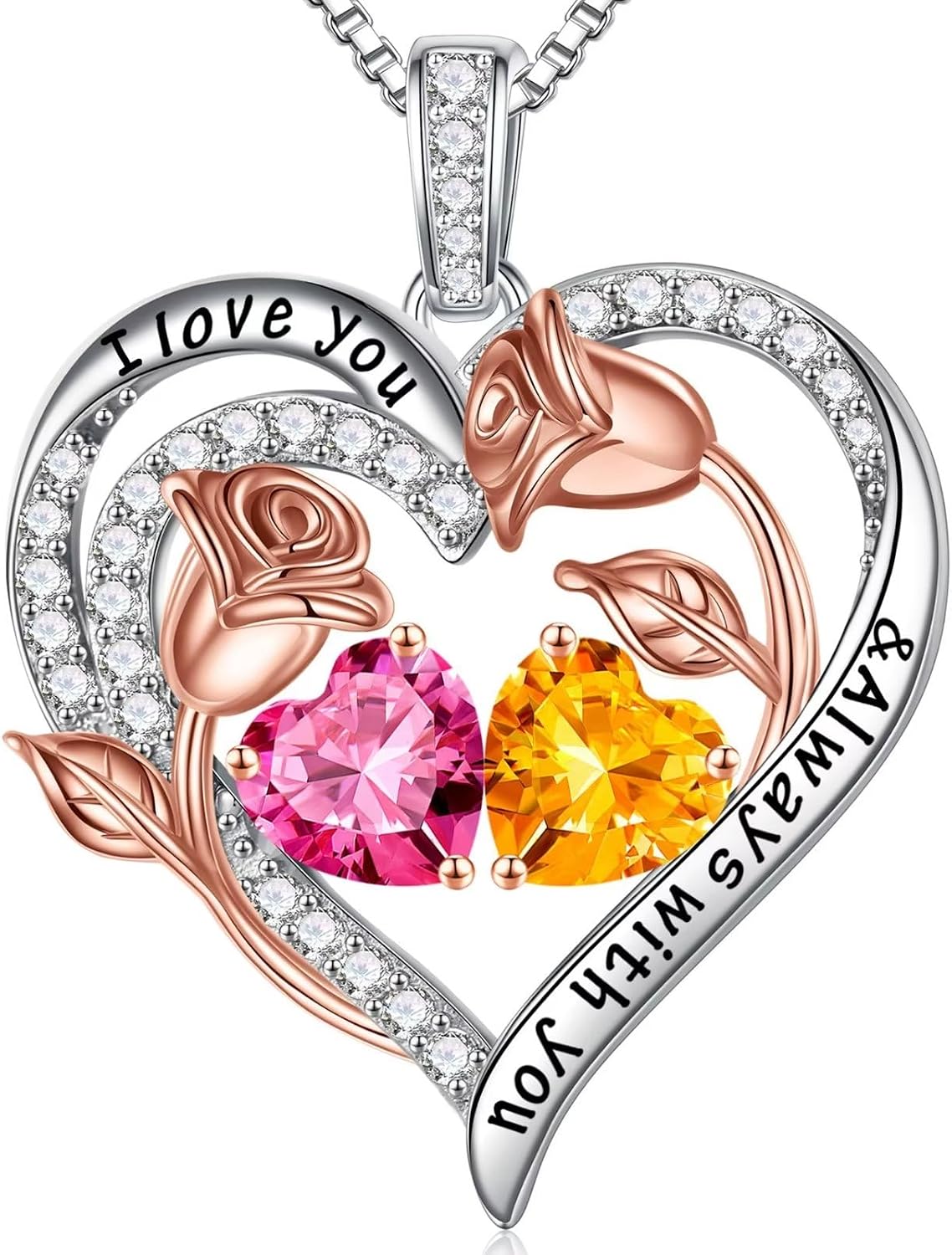 Iefil Birthstone Necklace for Women - Rose Heart Necklace