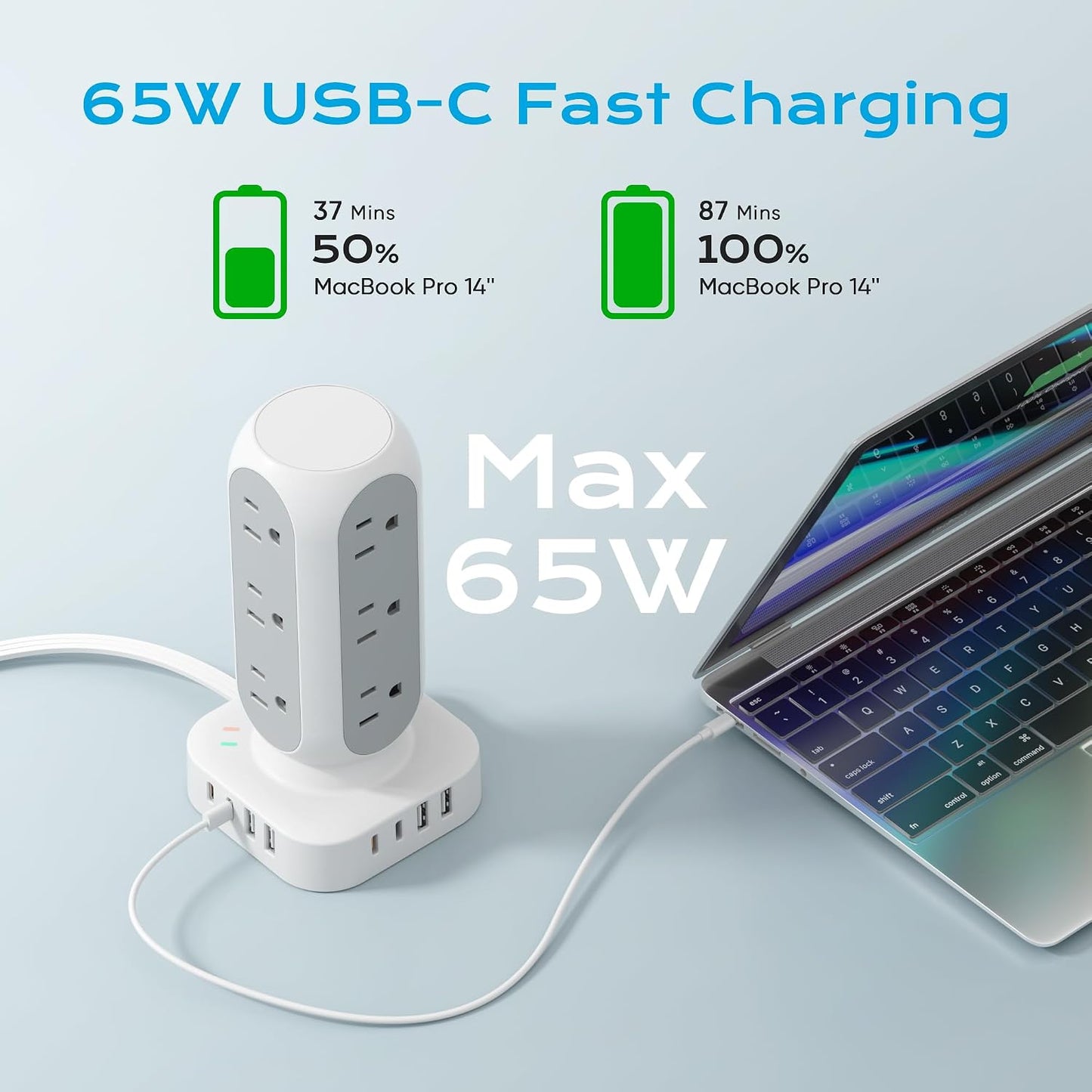 Flat Plug Power Strip Tower, TenTrend 65W Max Charging Tower, 10FT | 12 AC Outlets & 8 USB Ports (4 USB C), 82W Total Fast Charging Station, Extension Cord for Desk Office Dorm Room
