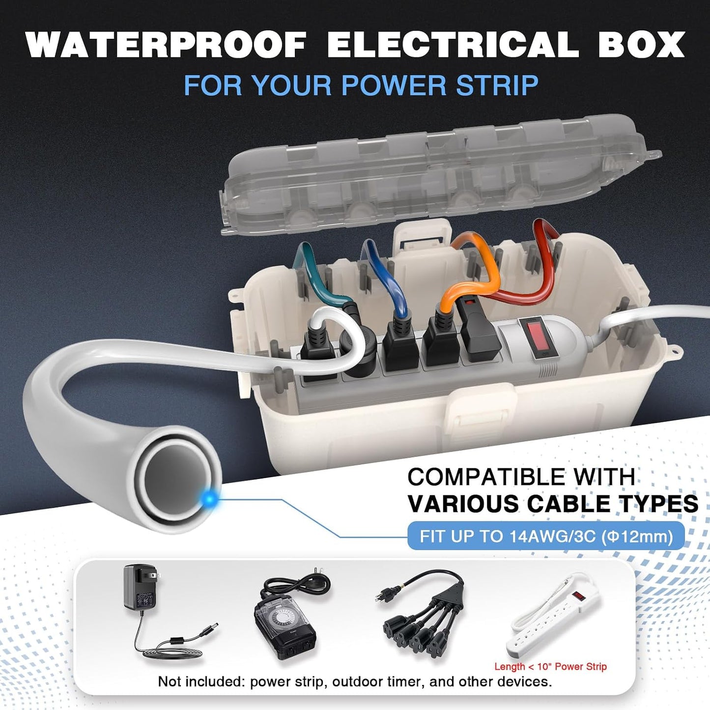 Flemoon Medium Outdoor Electrical Box, IP54 Waterproof Extension Cord Cover | Inner Size 9.4 x 4.3 x 3.2 Inch, Weatherproof Connection Box with Clear Lid for Outlet, Holiday Lights, Transparent and White