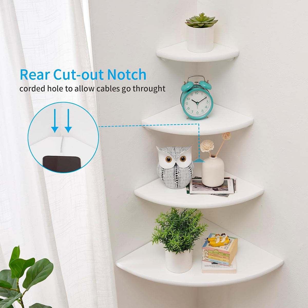 Corner Shelf, White Solid Oak Wood Floating Corner Shelves Wall Mount Round End Floating Speaker Rack Display Shelf for Small Plant Photo Frame (White, 12in)