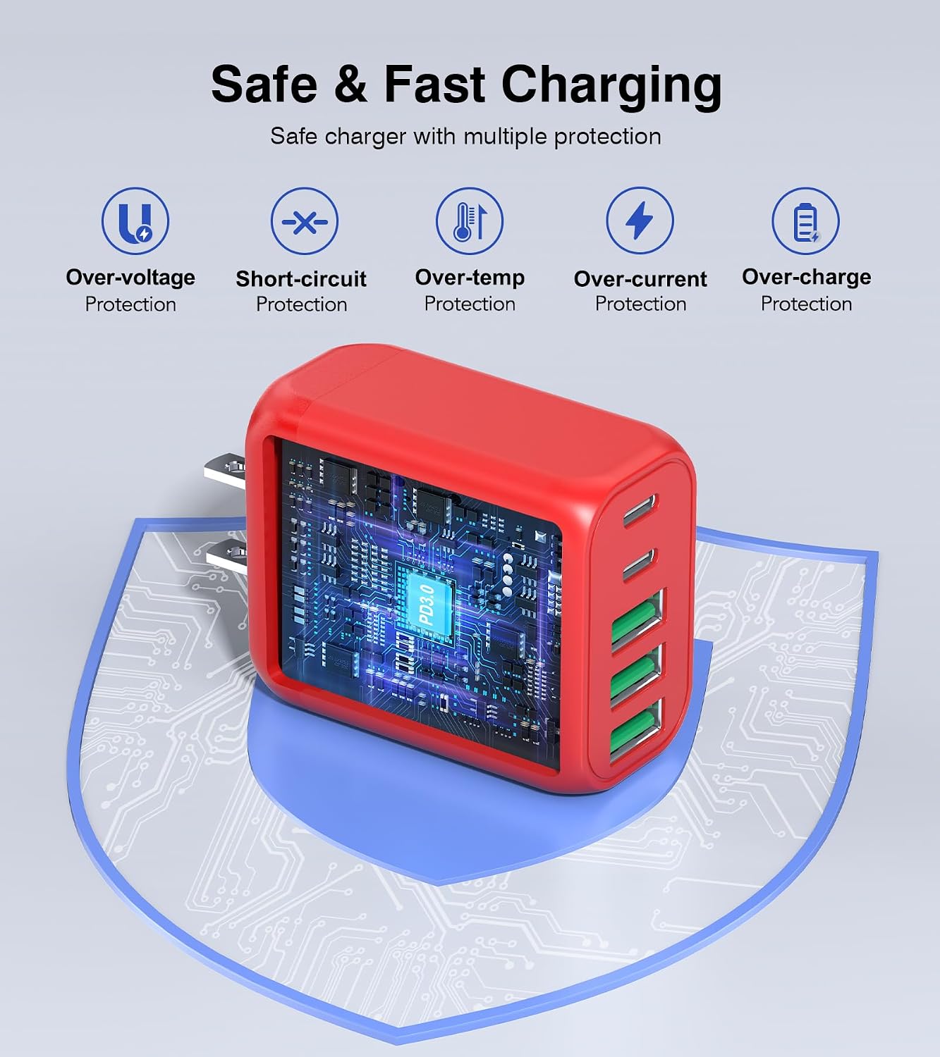 50W USB C Wall Charger, 2Pack 5-Port C Charger Fast Charging Block PD Power Adapter +QC Multiport Type C Box Brick Cube USB A Wall Plug for iPhone 14/15/16/17 Pro Max, iPad,Samsung Galaxy(Red)