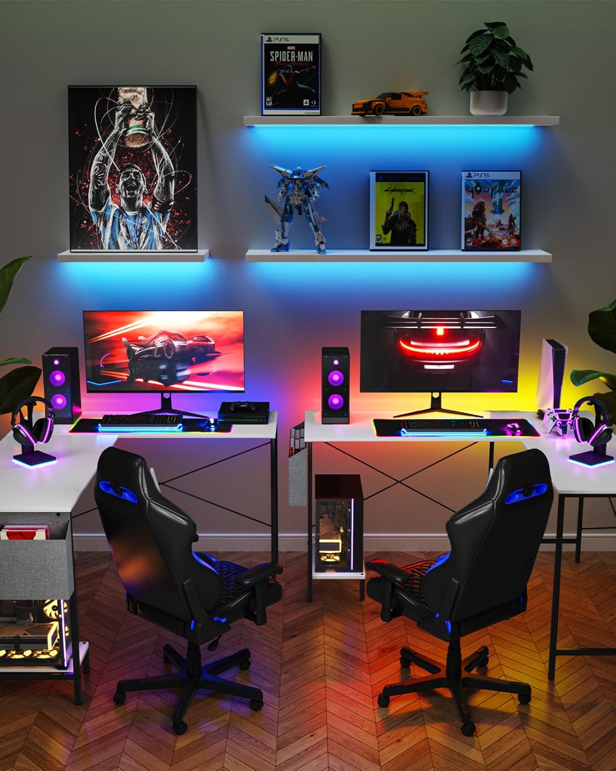 L Shaped Desk Gaming Computer 50 Inch Reversible Corner Table PC Work Table for Writing Study Student with Wood Tabletop Metal Frame CPU Stand Side Bag for Home Office Small Place