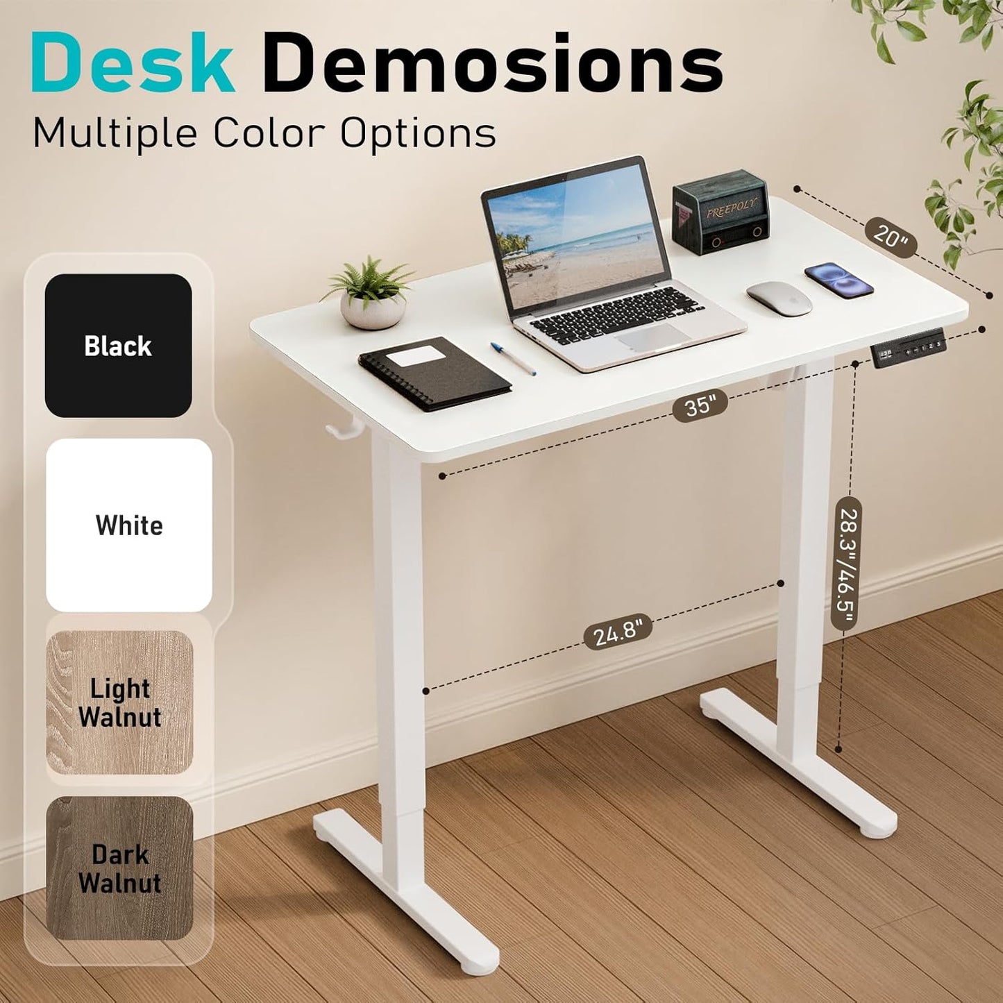 35" Electric Standing Desk Adjustable Height, Small Sit Stand Desk for Home Office & Computer Workstation, Compact Work Desk with Cable Management (White)