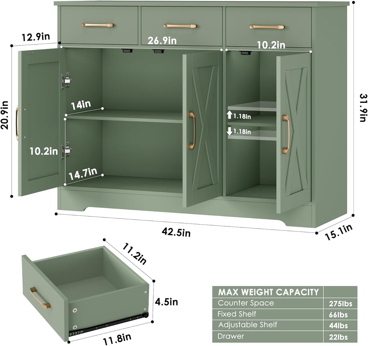 HOSTACK Kitchen Buffet Cabinet with Storage, Sideboard Coffee Bar, Green | Farmhouse Kitchen Storage Cabinet with 3 Drawers & Adjustable Shelf, 42.5"W Buffet Table for Dining Living Room