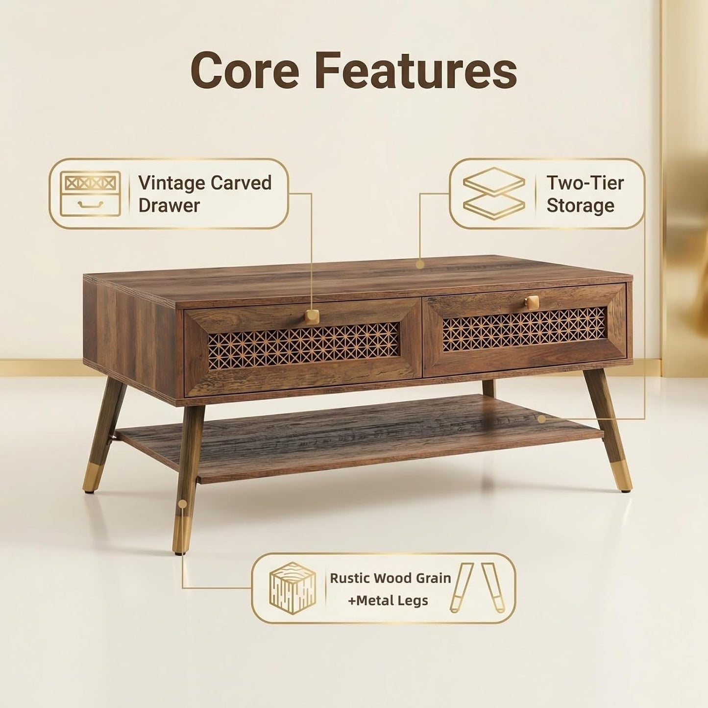 Wooden Mid Century Modern Coffee Table, Retangle Coffee Table with Two Drawers for Living Room, Rustic Oak