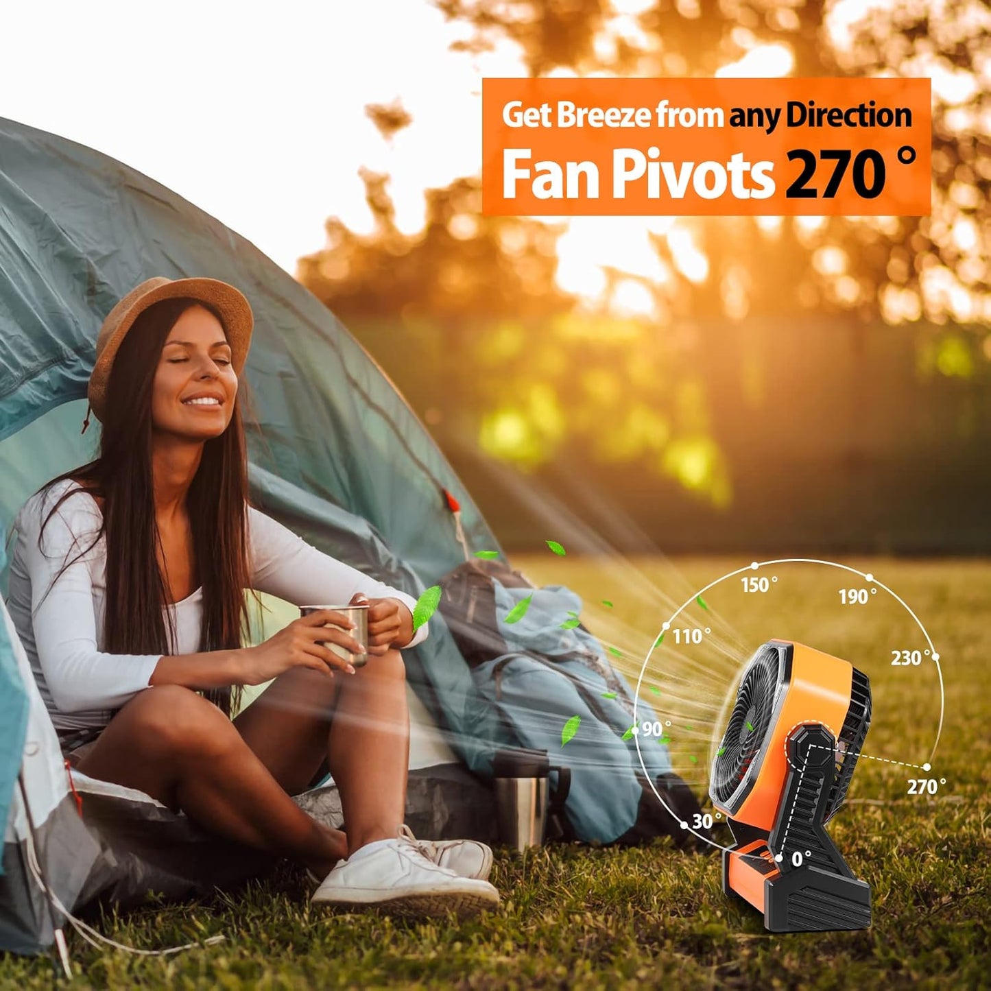 20000mAh Battery Powered Camping Fan, 58Hrs Rechargeable Portable Fan, 400LM Light, 360° Hook, Whisper Quiet Battery Operated Fan for Outdoor Car Travel Gear Essentials Power Outages Co-brand AMACOOL