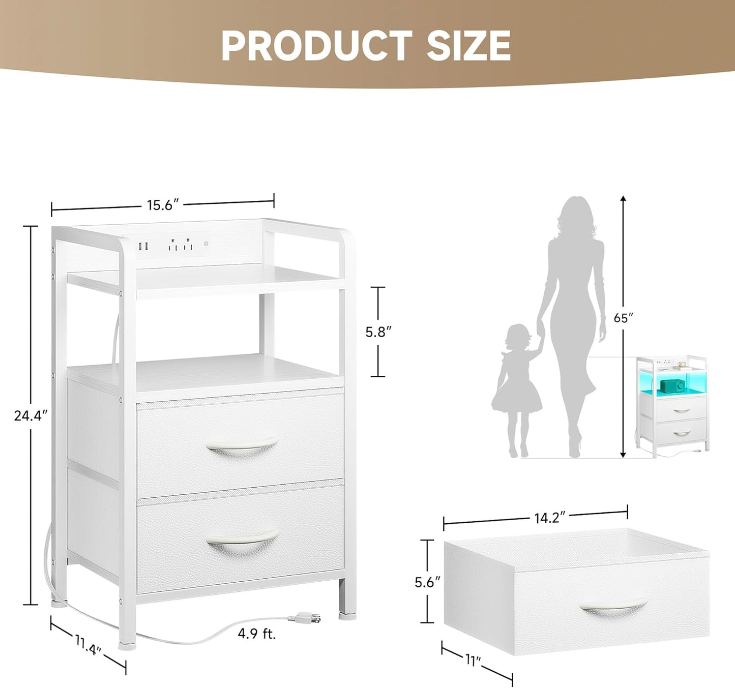 Lazzanto Night Stand Bedside Table Bedroom - White Nightstand with Charging Station & LED Light Strip, Morden Bed Side End Table with Storage Shelf & 2 Fabric Drawers, U-S-B Ports & AC Outlets
