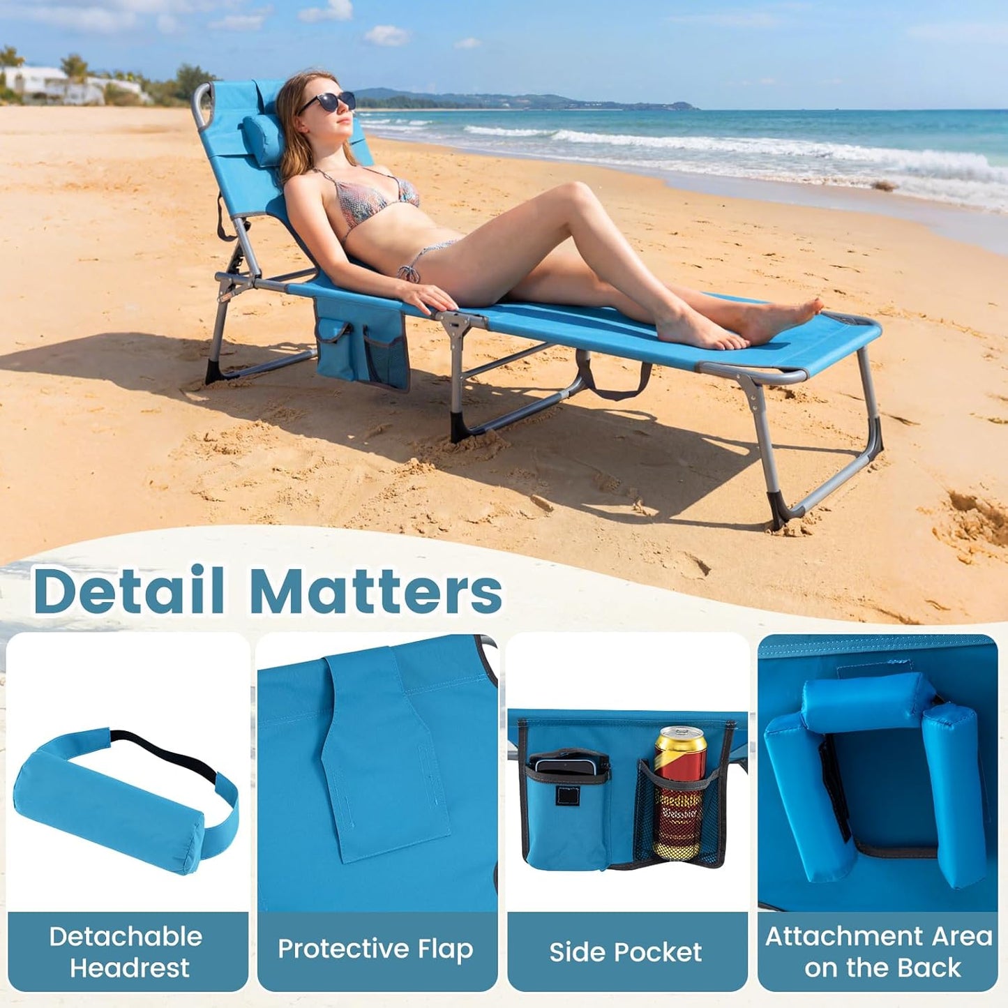 COSTWAY Tanning Chair with Face Hole, Folding Beach Lounge Chair with 4-Position Adjustable Backrest, Pillow & Side Pocket, Foldable Chaise Lounge Chair Outdoor for Sunbathing, Camping (1, Blue)