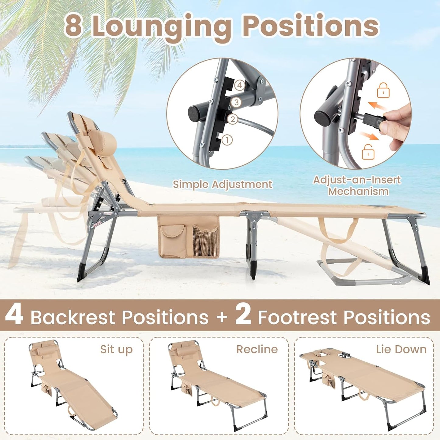 COSTWAY Tanning Chair with Face Hole, Folding Beach Lounge Chair with 4-Position Adjustable Backrest, Pillow & Side Pocket, Foldable Chaise Lounge Chair Outdoor for Sunbathing, Camping (1, Beige)