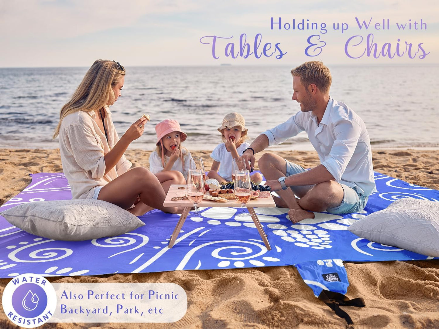 WEKAPO Beach Blanket Waterproof Sandproof Oversized Extra Large Sand Free Beach Mat with Stakes, Storage Bag - Essentials for Outdoor Beach, Picnic (Blue Purple Sea Turtle, 8 X 7 FT (1~4 Person))