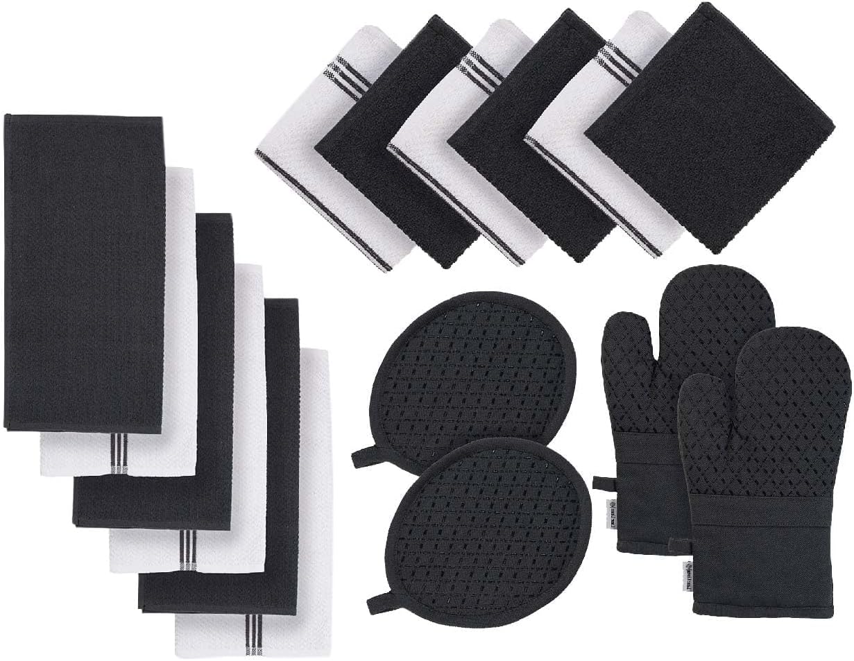 LANE LINEN 16-Piece Kitchen Towels & Dishcloths Set – Heat Resistant Silicone Oven Mitts, Pot Holder & Absorbent Terry Dish Towels – Black