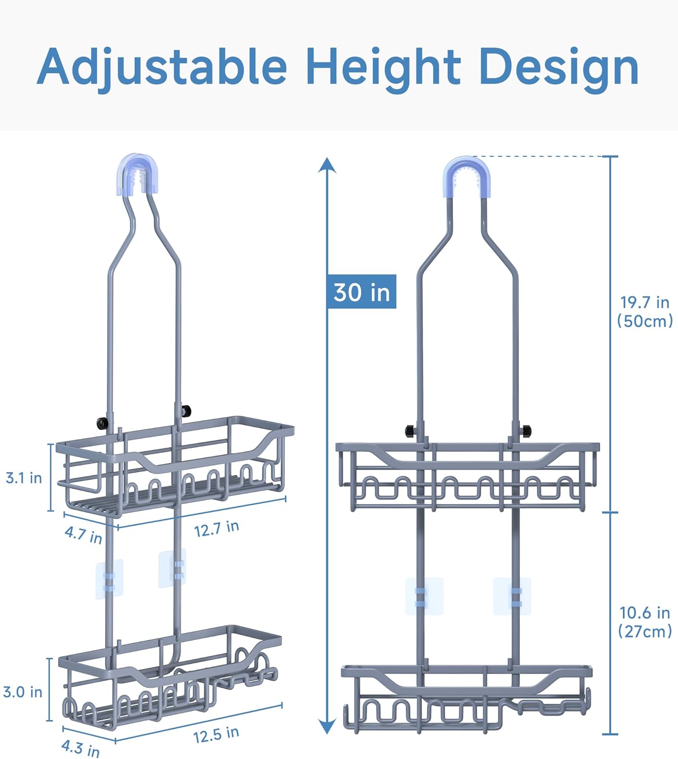 Upgraded Extended Length Shower Caddy Over Showerhead No Blocking to Showerhead, Rustproof Bathroom Organizers and Storage with Hooks Shampoo Soap Holder, Large Hanging Caddy, Grey