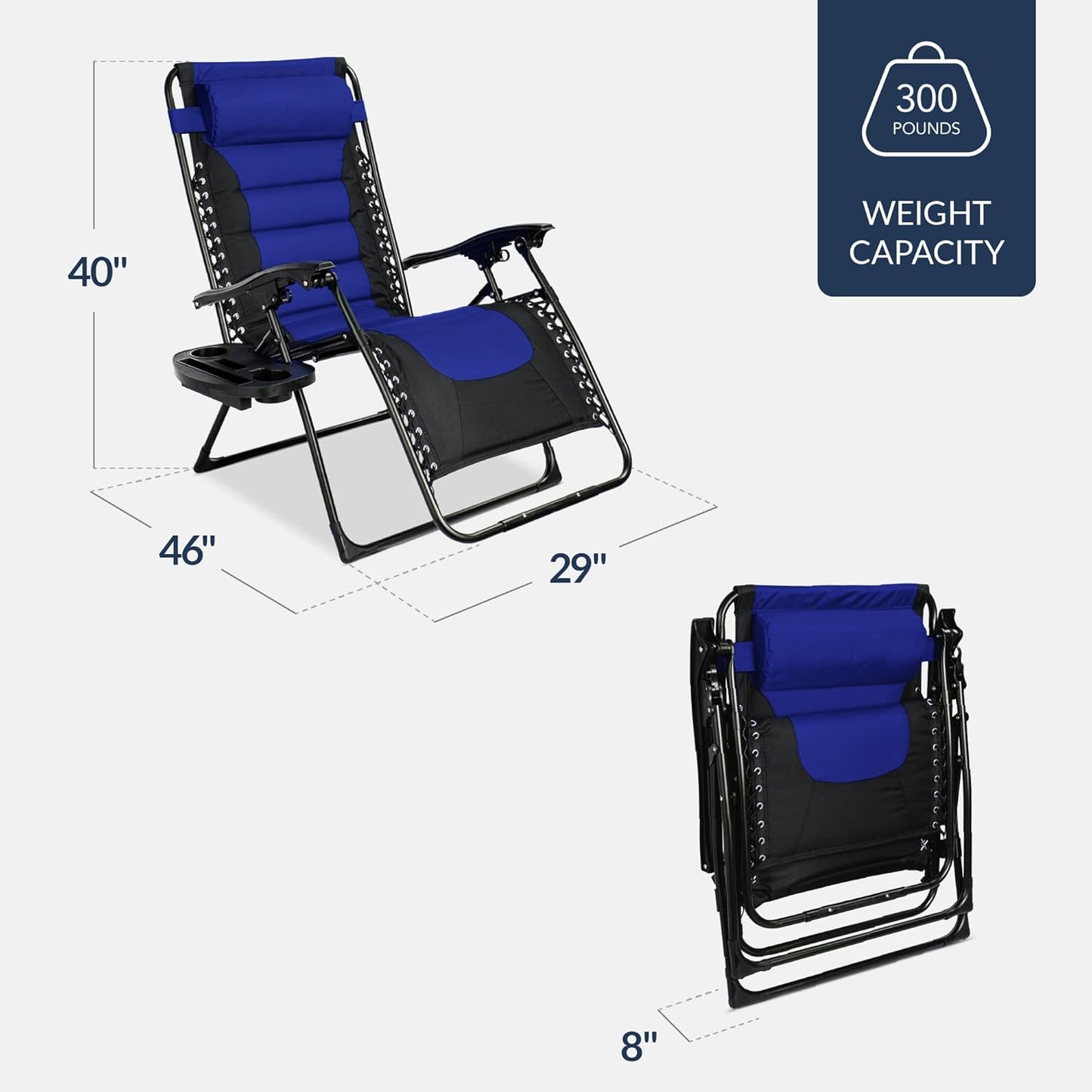 Best Choice Products Oversized Padded Zero Gravity Chair, Folding Outdoor Patio Recliner, XL Anti Gravity Lounger for Backyard w/Headrest, Cup Holder, Side Tray, Polyester Mesh - Blue