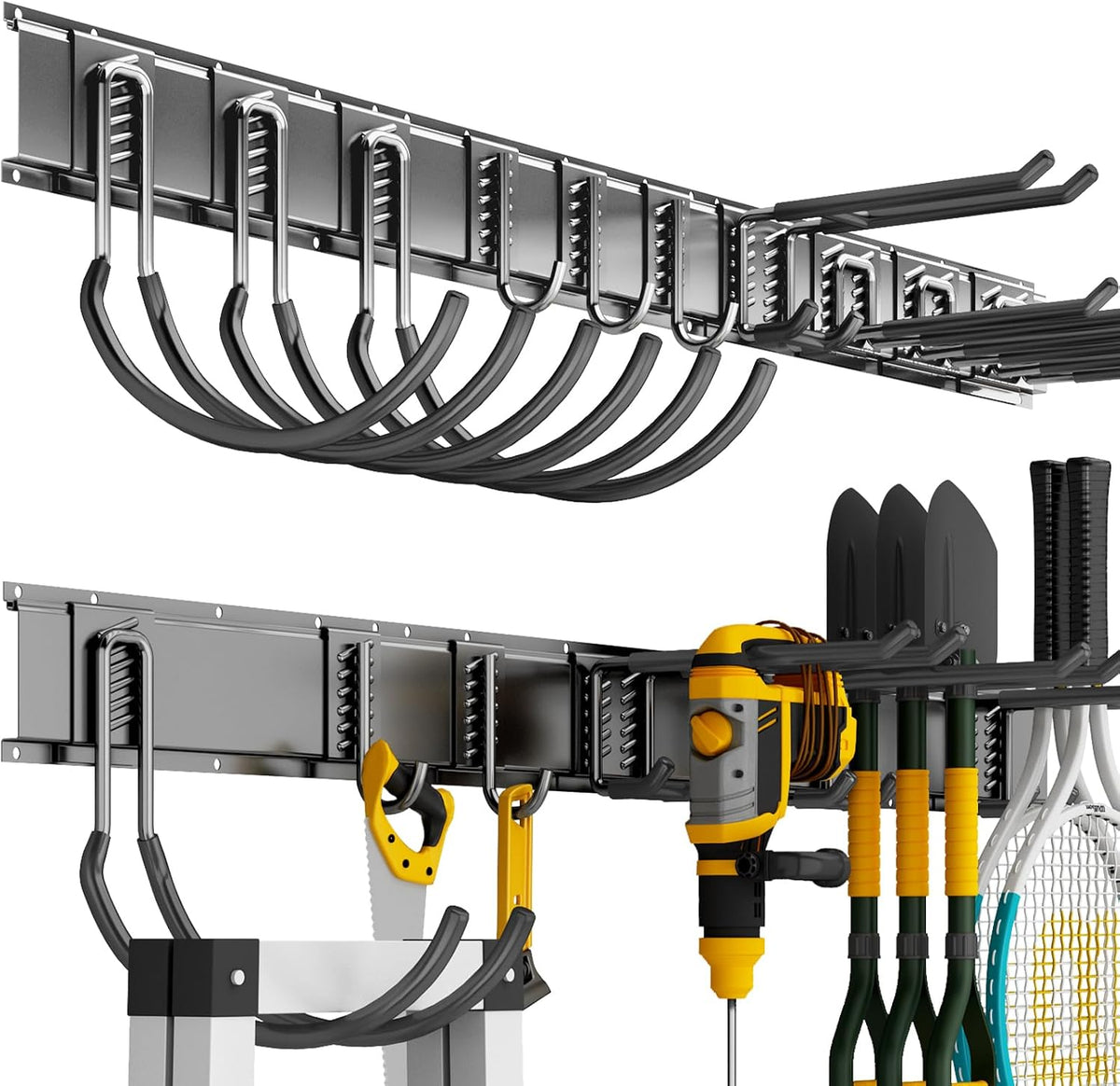 Garage Tool Organizer Wall Mount, 64 Inch Heavy Duty Garden Tool Organizer Storage System, Easy Install with 10 Adjustable Hooks, for Garage, Basement, Shed, Workshop, Black, Steel