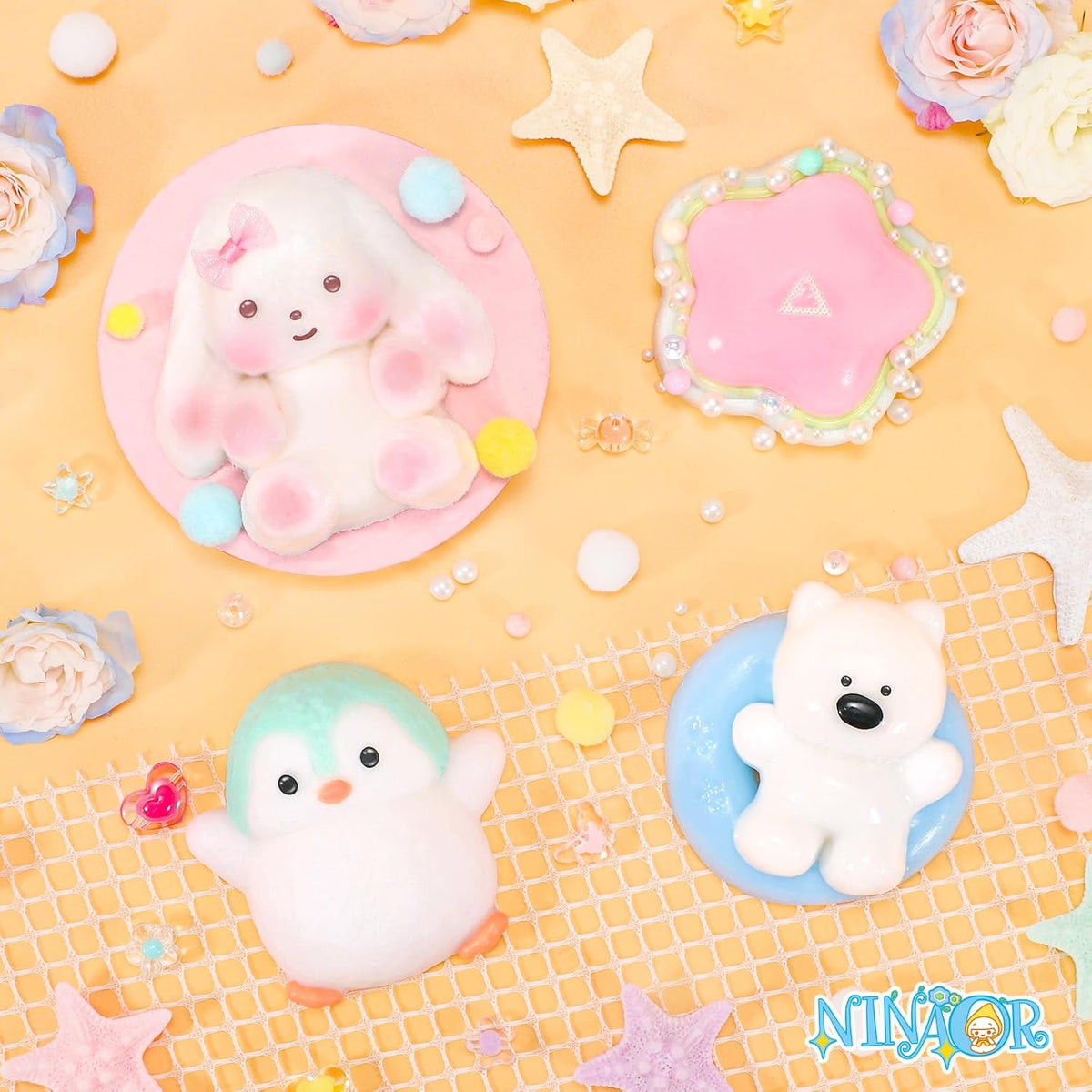 NINAOR Squishy Fidget Toys 4Pcs, Cute Penguin Bunny Pool Dog Squeeze Sensory Toys for Kids Stress Relief Gifts Treasure Box Toys for Classroom Birthday Party Favors Easter Stocking Stuffers for Teens