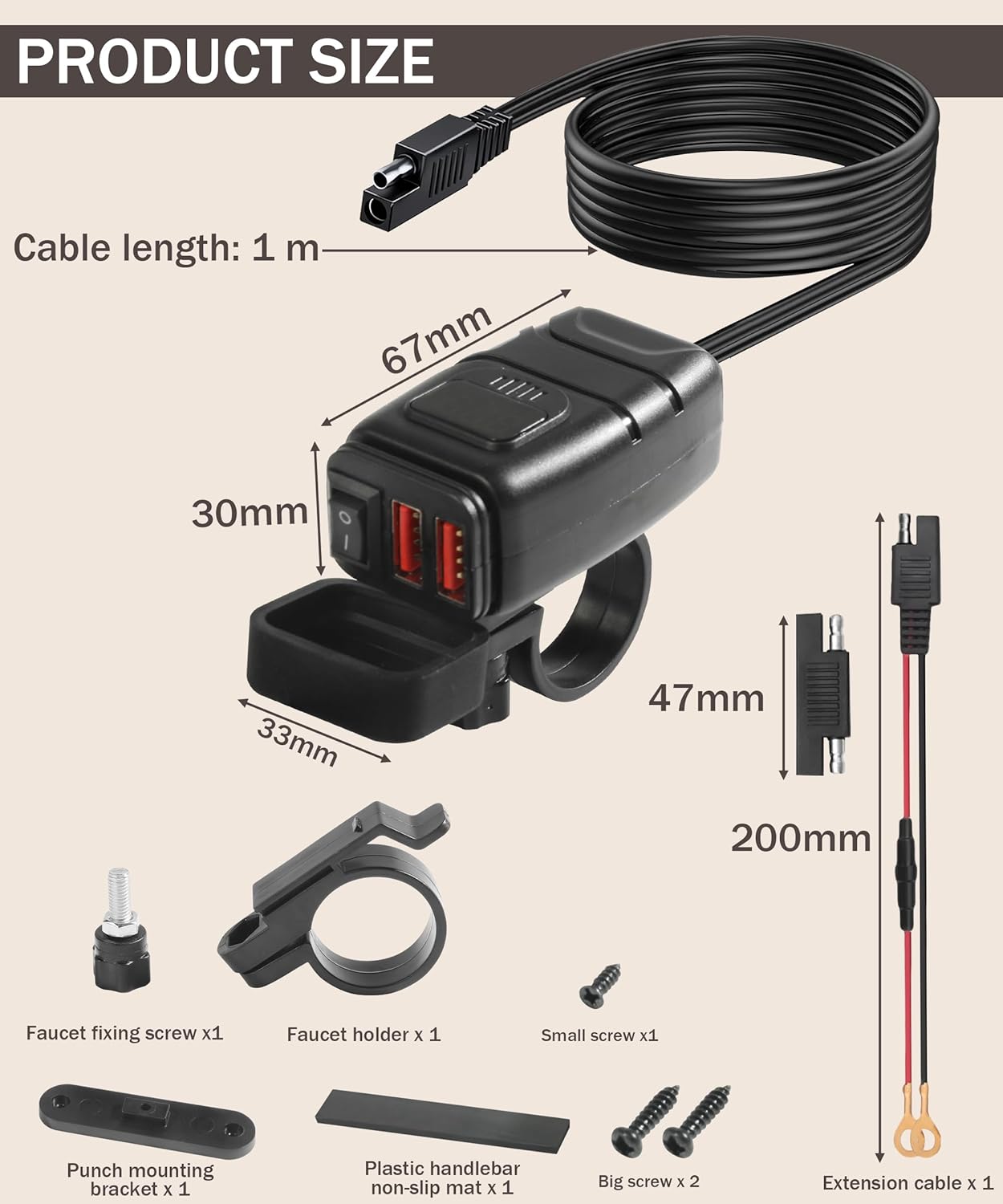 Bylikeho Motorcycle Phone Charger with Voltmeter & ON/Off Switch, SAE to USB Adapter for Phone, Tablet, GPS