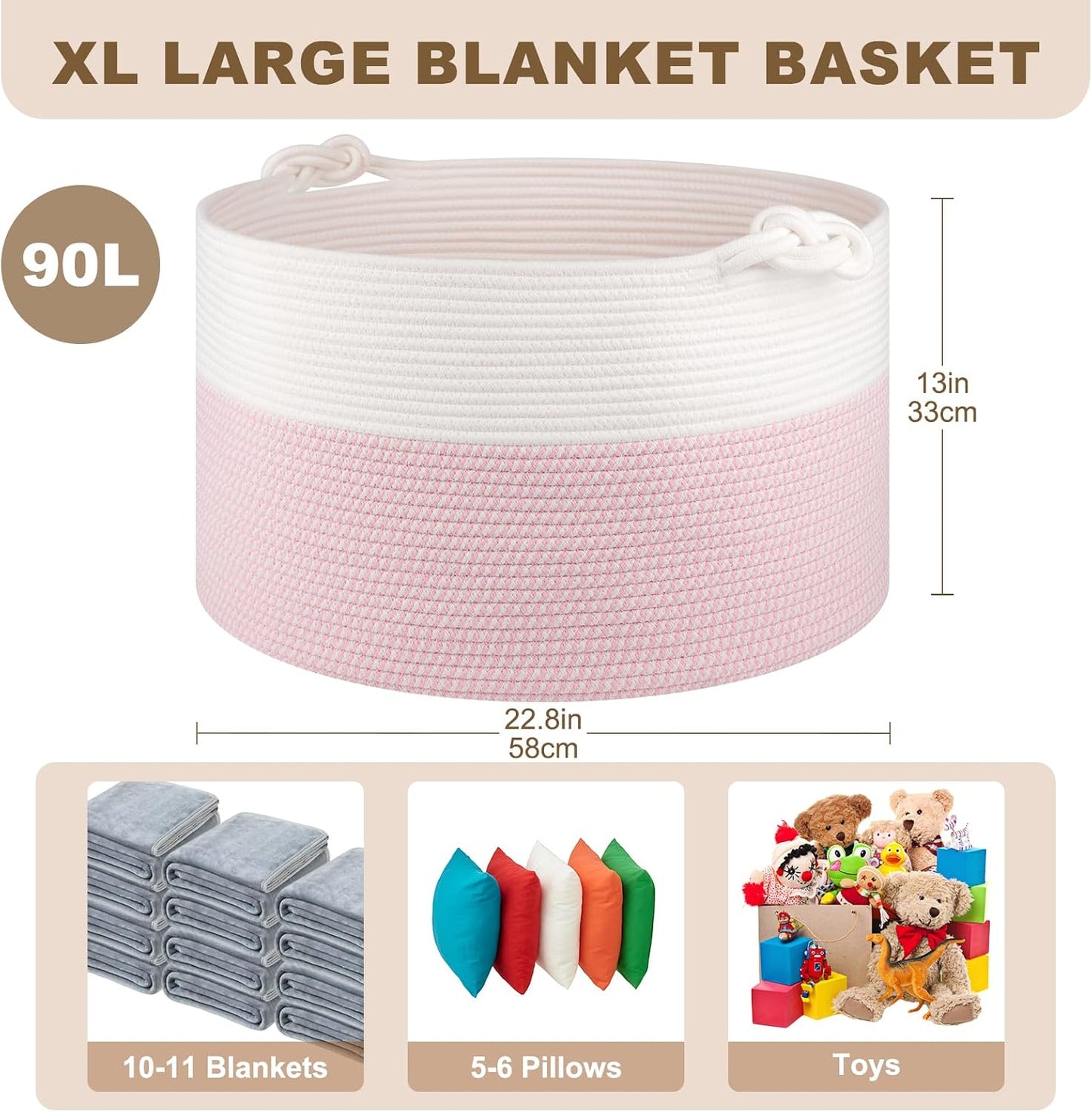 OIASKET Large Blanket Storage Basket for Living Room, 22.8" x 22.8" x 13" Woven Cotton Rope Basket with Handles, Baby Toy Storage, Laundry Hamper for Clothes, Pillows, Towels-Pink and White