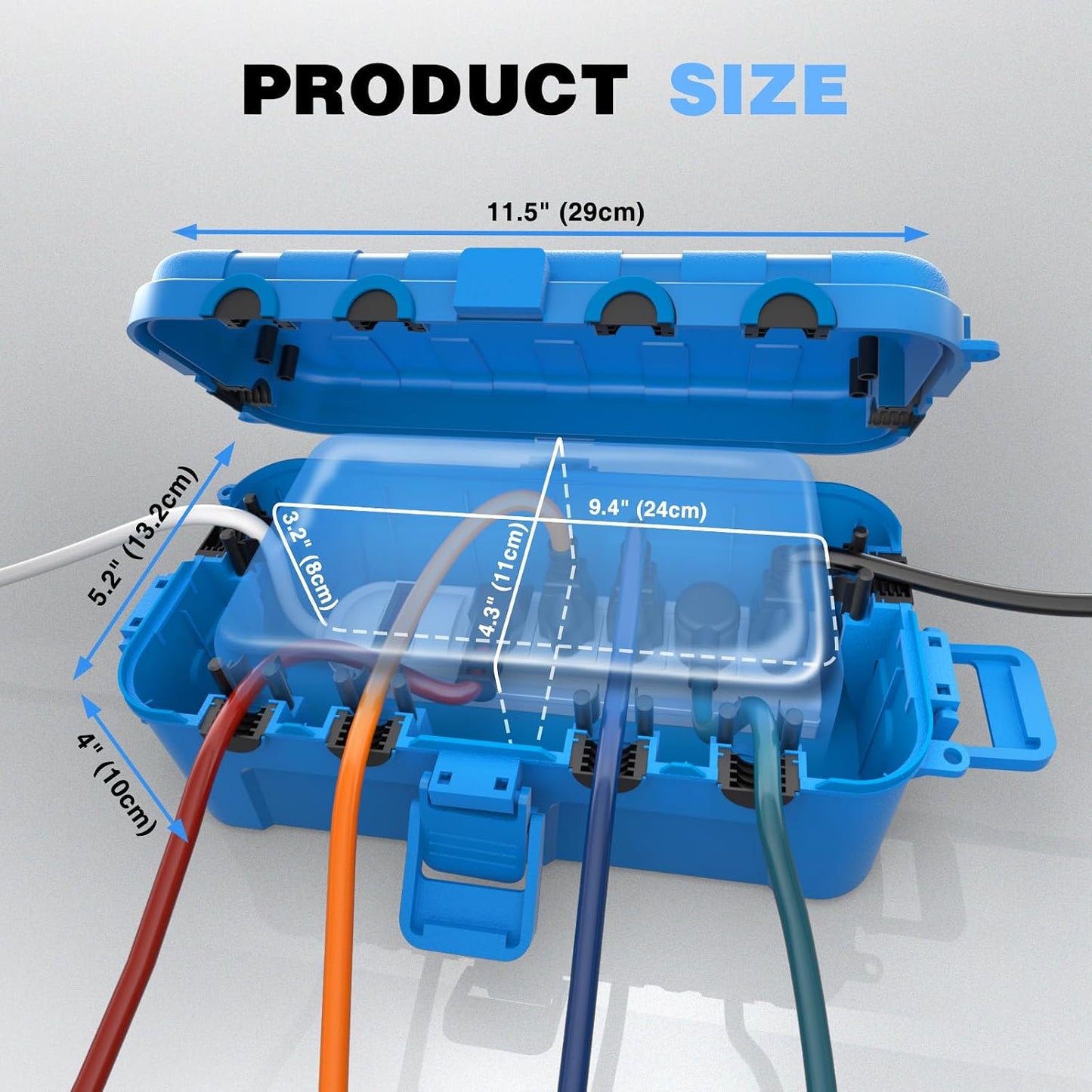 Flemoon Medium Outdoor Electrical Box, IP54 Waterproof Extension Cord Cover | Inner Size 9.4 x 4.3 x 3.2 Inch, 6 Cable Entry Ports, Weatherproof Connection Box for Outlet, Holiday Lights, Blue, 2 Pack