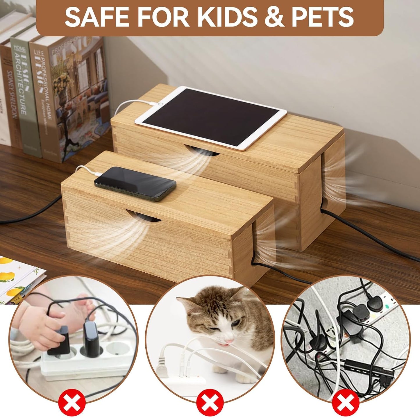 KIRIGEN Wooden Cable Management Box Set of 2, Cord Organizer, Natural | Large and Small Solid Wood Boxes with Removable Lids for Power Strips, Chargers, Routers, and Desks Home Office