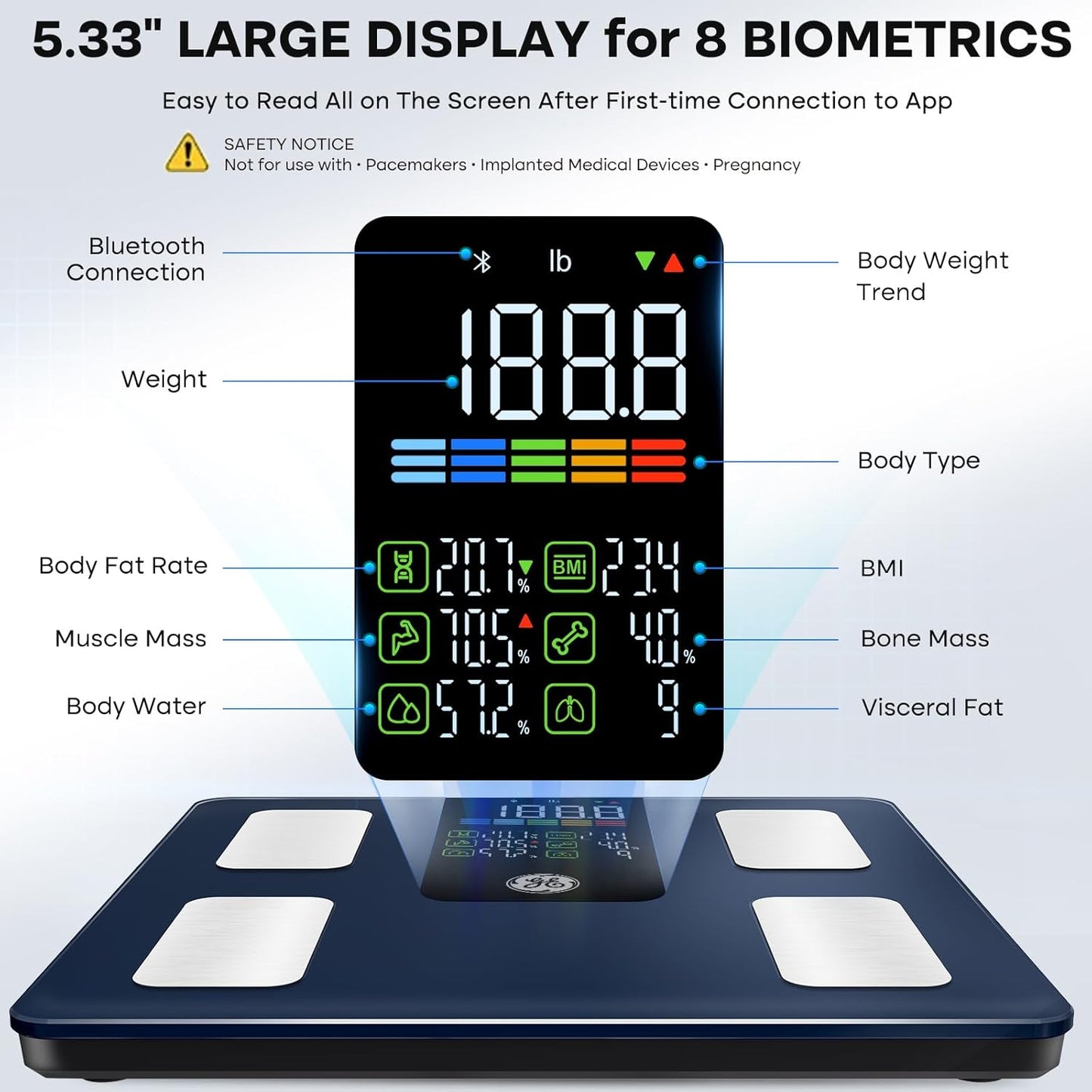 GE Smart Scale for Body Weight, BMI, Fat, Muscle Mass, Digital Bathroom Scales 500lbs Bluetooth 11.8" Large Platform Weighing Machine Health Monitor with App, Dark Blue