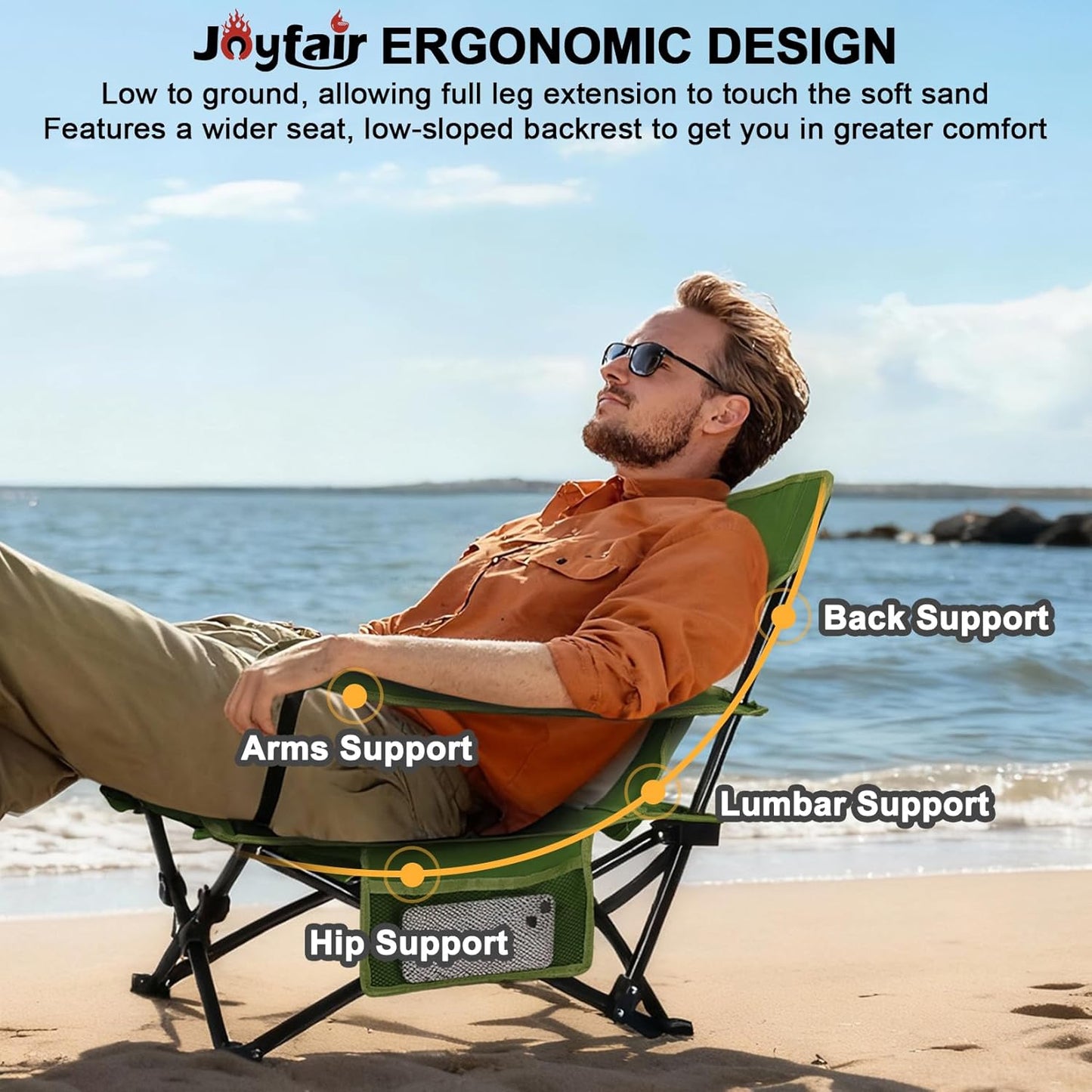Joyfair Beach Camping Chair (2 Pack), Outdoor Folding Chair for Adults, Heavy Duty Portable Chair for Outside Fishing, Lawn, Sport, Patio, Armrest Cup Holder & Storage Pocket, Carry Bag (Green)