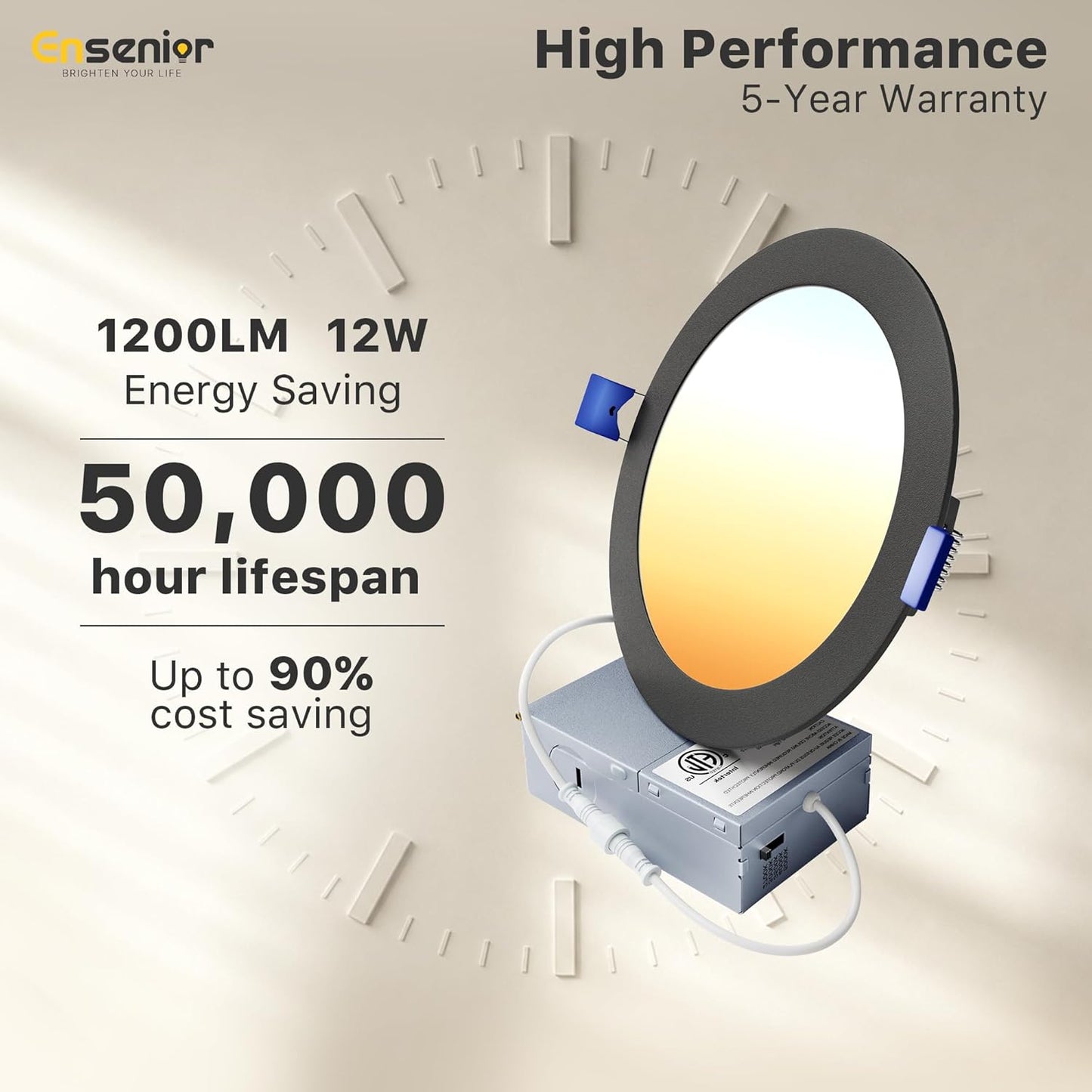 Ensenior 12 Pack 6 Inch LED Recessed Ceiling Light Black, Dimmable, 2700K-5000K 5CCT, 1200LM 12W 120V, High Brightness Canless Wafer Downlight - ETL&FCC&IC