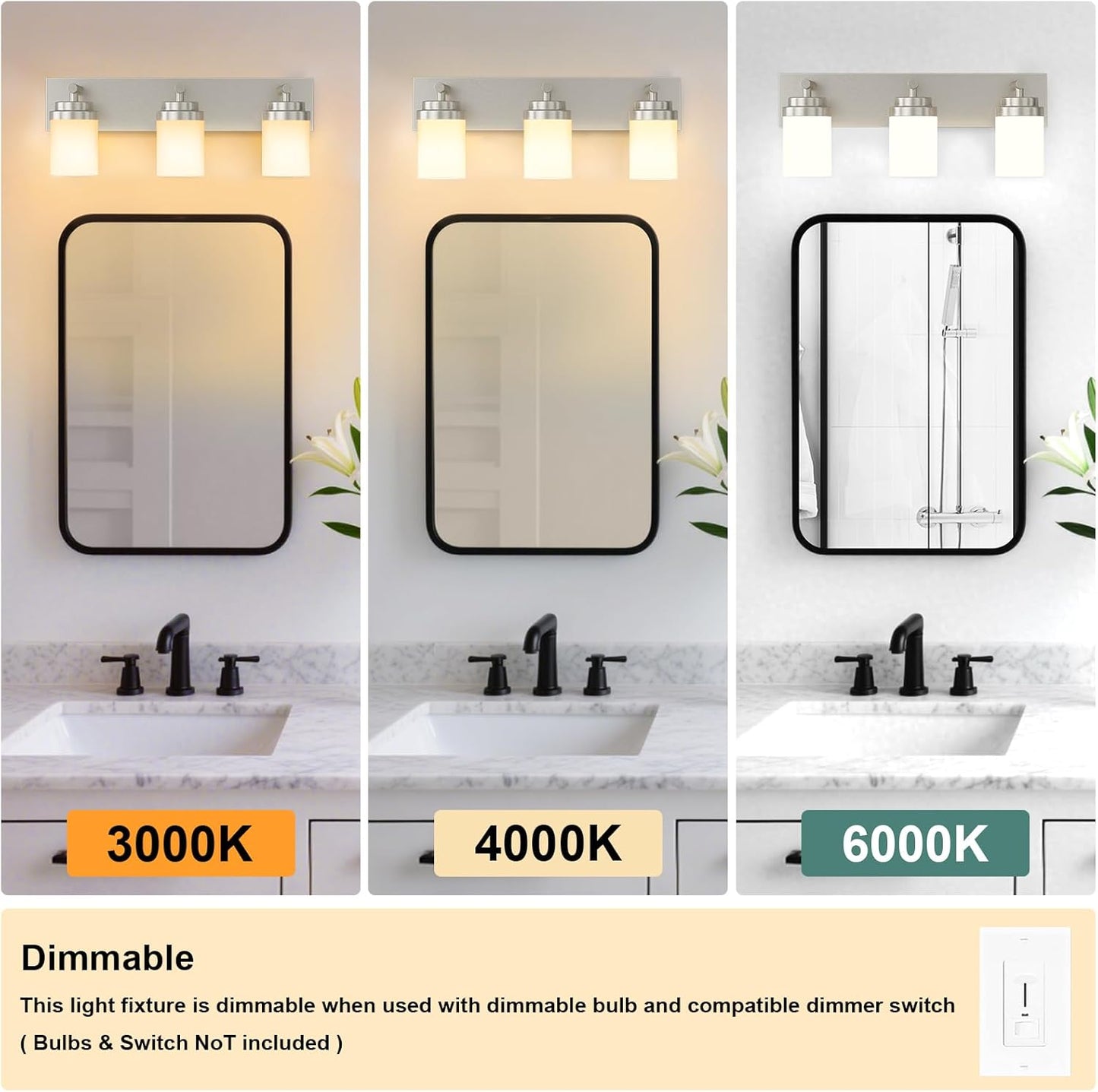 IZORRO Bathroom Vanity Light Fixture, 3-Light 22 Inch Brushed Nickel Bathroom Light Fixtures Over Mirror, with White Glass Shade, Modern Farmhouse Vanity Lights, Rustic Restroom Lighting Fixtures