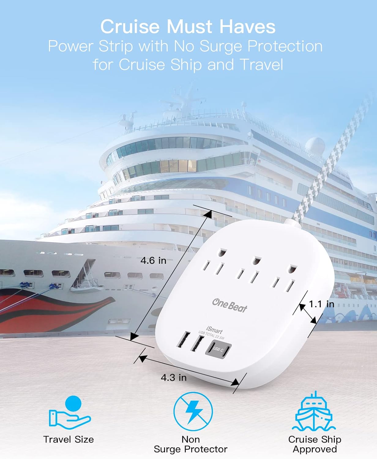 Flat Plug Power Strip, 6ft Ultra Flat Extension Cord - 3 Outlets 4 USB Ports (2 USB C) 22.5W/4.5A Desktop Charging Station, Power Strip No Surge Protection for Cruise Ship, Dorm Room Travel Essentials