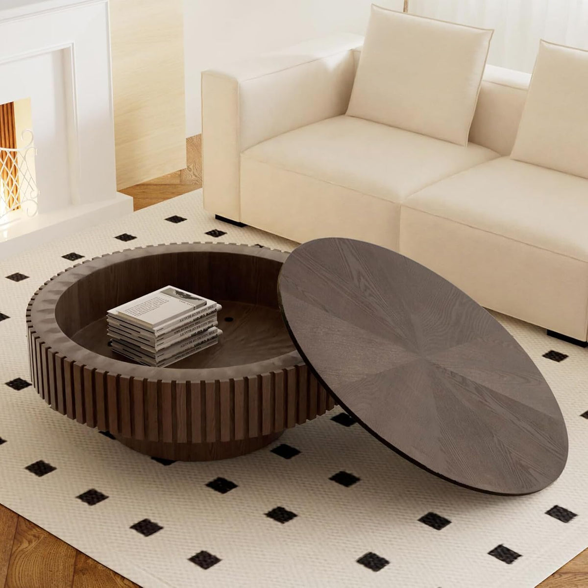 31" Brown Round Wood Fluted Drum Coffee Table with Storage (H, 1PC)