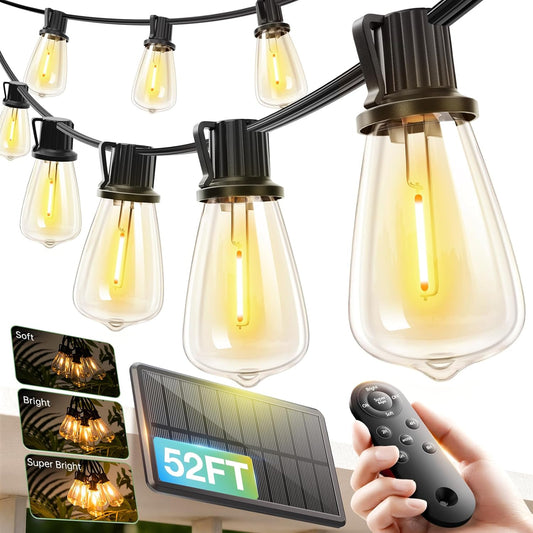 addlon 52(48+4) FT Solar String Lights Waterproof,Patio Lights Solar Powered with Remote & USB Port 16+1 LED Shatterproof Bulbs 3 Light Modes, Dimmable Solar Light for Camping Backyard Garden
