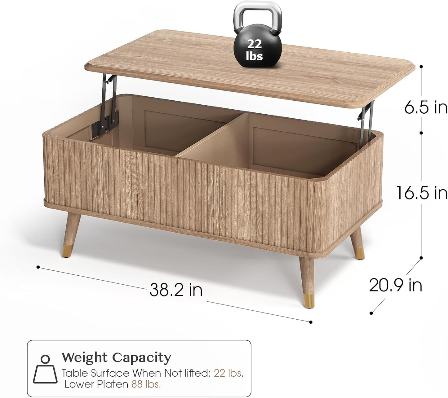 JOINICE Lift Top Coffee Table with Storage, Mid Century Modern Rectangular Center Table, Fluted Design with Hidden Compartment, Rising Desk for Work from Home, Living Room Furniture, Oak Finish