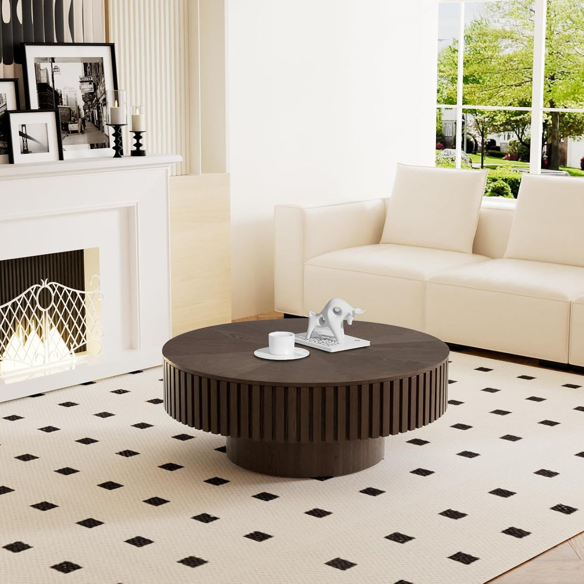 31" Brown Round Wood Fluted Drum Coffee Table with Storage (H, 1PC)