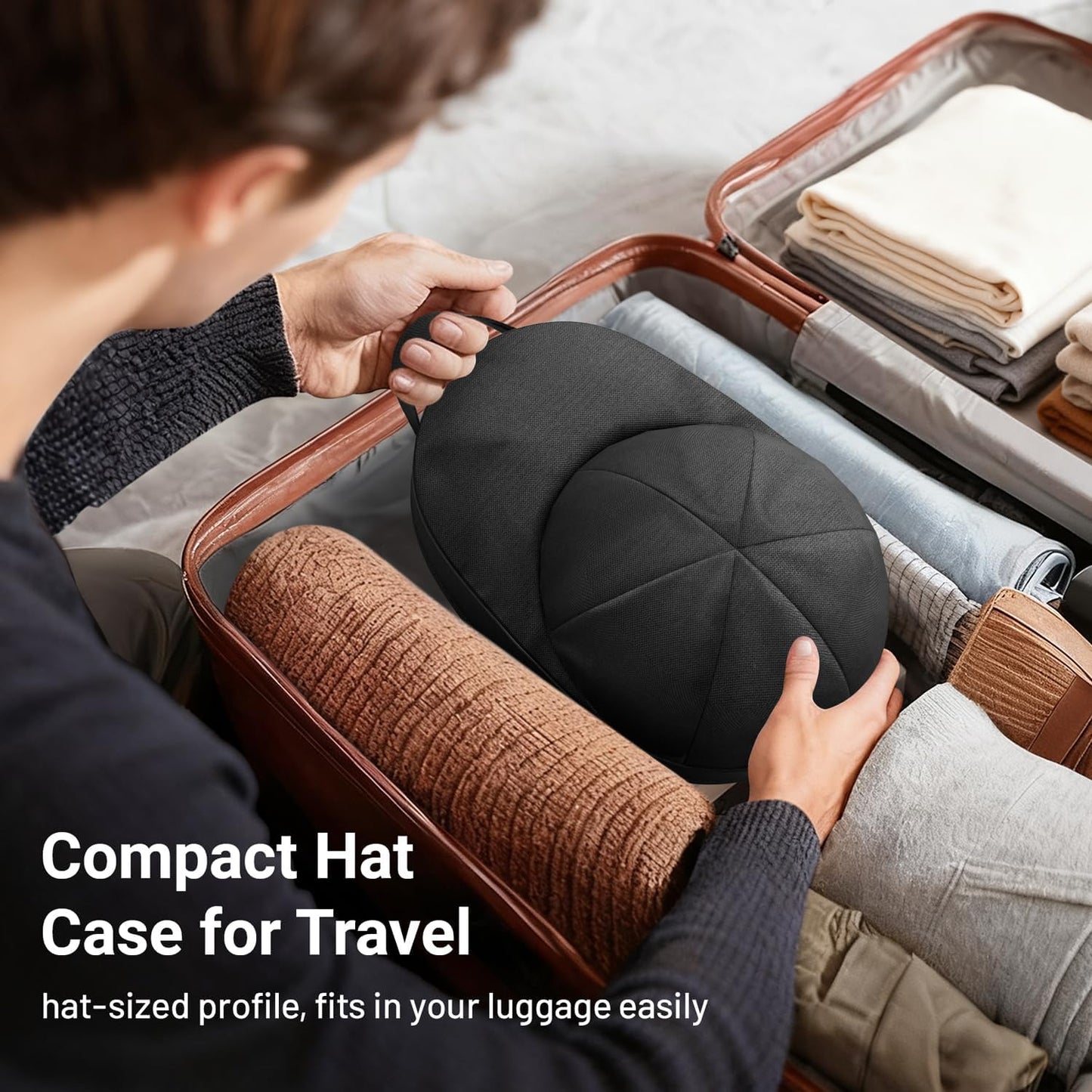 AOODA Hat Travel Case for Baseball Caps, Cap Carrier with Plastic Holder & Carrying Handle, Holds up to 6 Caps Hat Bag for Luggage, Suitcase (Black)
