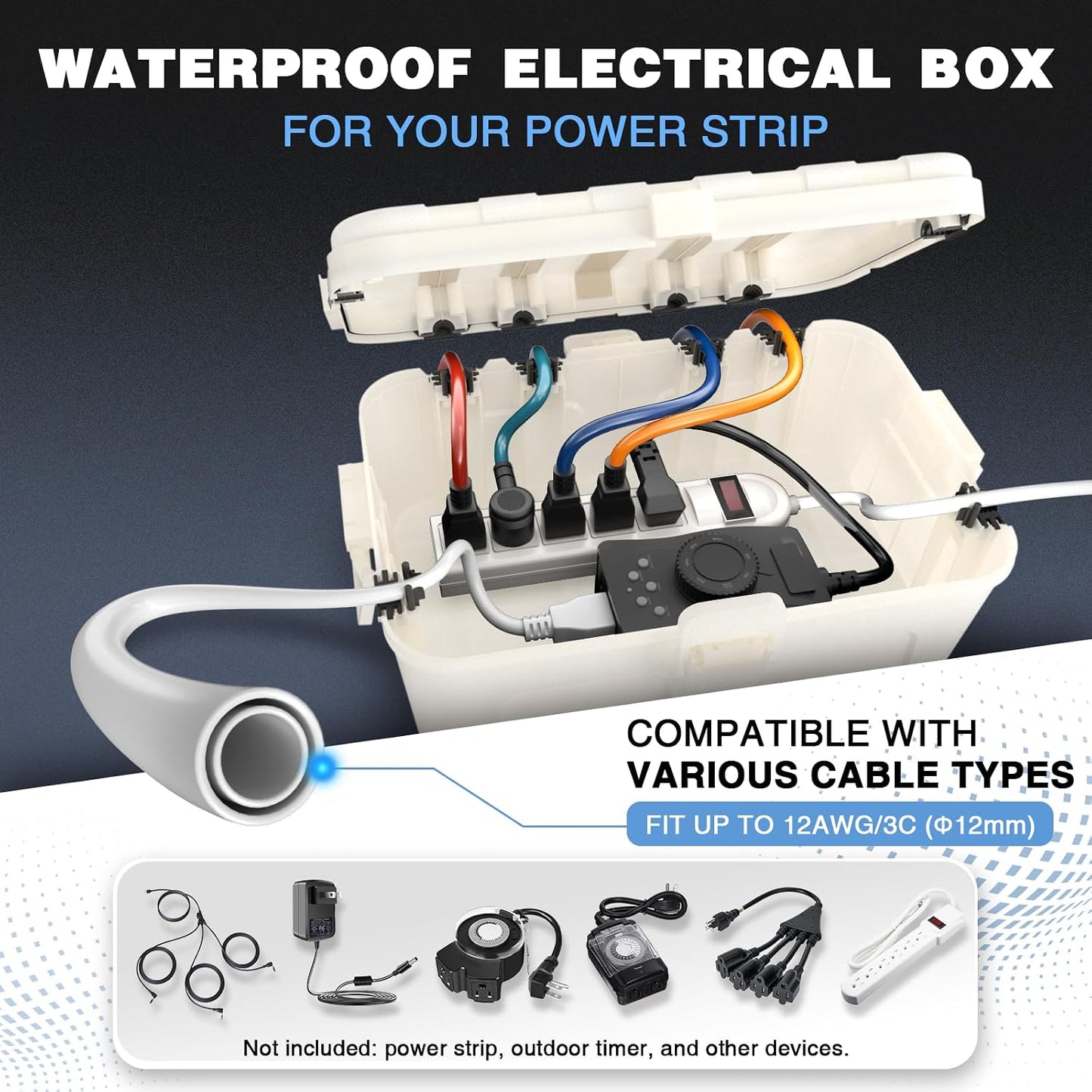 Flemoon Large Outdoor Electrical Box, Waterproof Extension Cord Cover | Inner Size 12 x 7.4 x 3.9 Inch, 6 Cable Entry Ports, IP54 Weatherproof Connection Box for Outlet, Timer, Holiday Light, White
