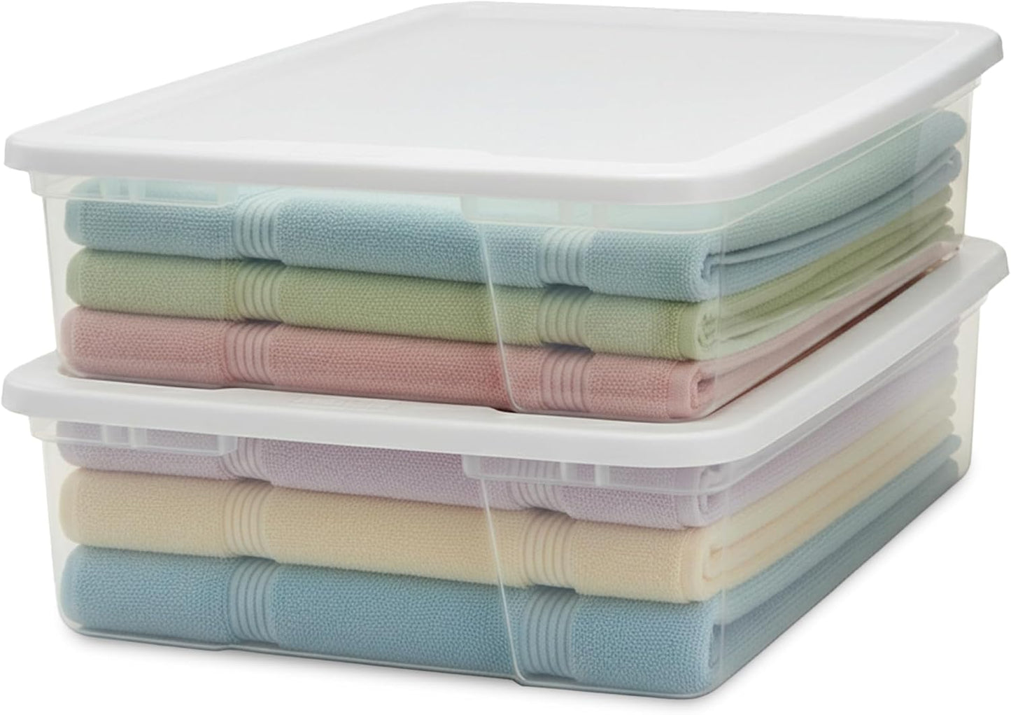 HOMZ 2-Pack Snaplock, Small Clear Plastic Storage Organizer Bins w/ Lids, 28 Quart, White - Stackable Container Boxes for Bedroom, Bathroom, Garage, and Office Organization